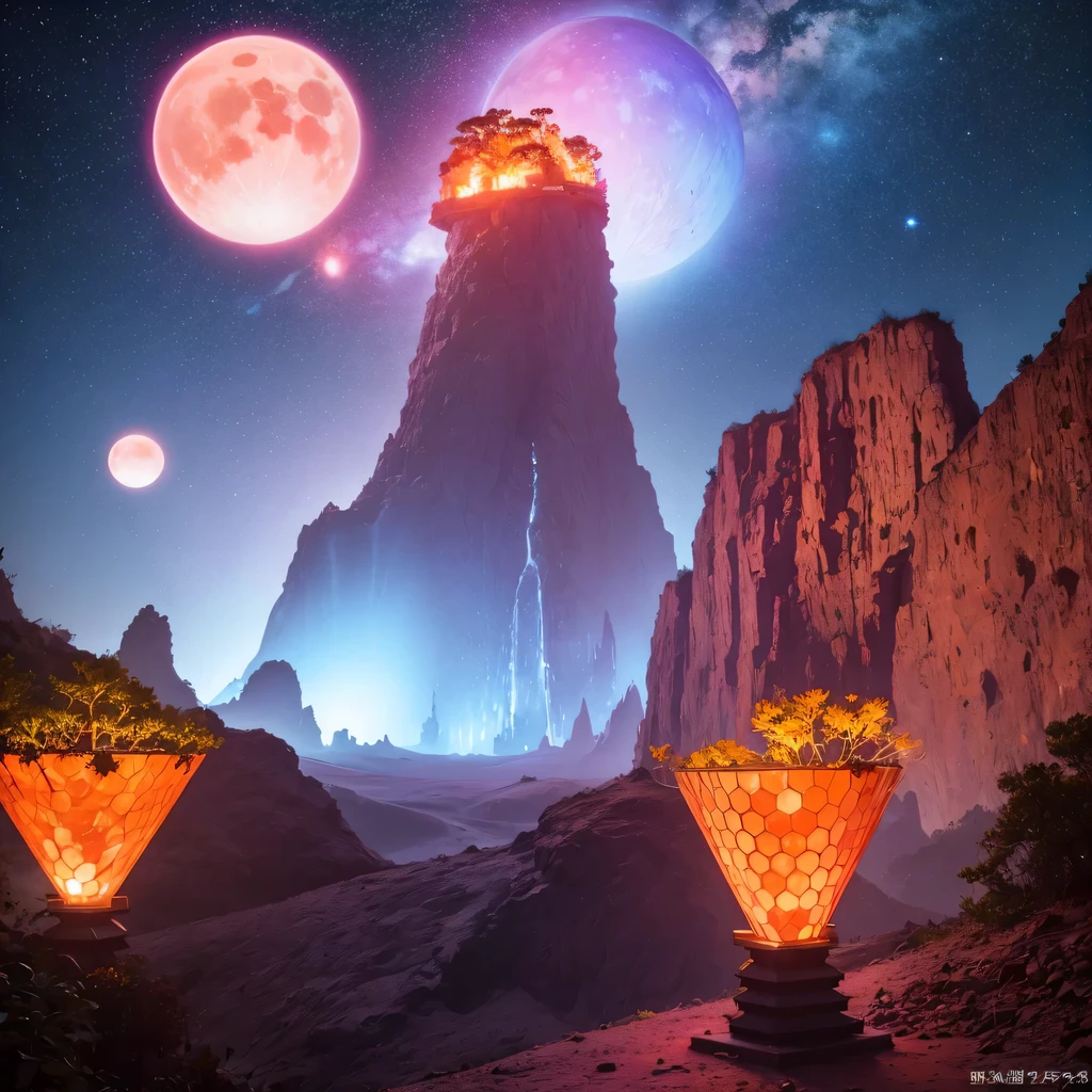 bright orange style,Purple pink series,Alien Hexagonal Base (very detailed nipples) In a hexagonal mountain oasis,There are several hexagonal exhaust fans and chimneys, some neon lights projecting from the base,Light up the dark night), There are some clouds in the night sky, Some surrounding planets provide air to unknown planets,The most remote giant hexagonal volcano erupts,the rainforest