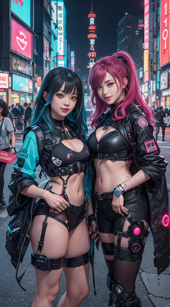 masterpiece, best quality, 2 ((smiling)) cyberpunk girls standing together, Harajuku-inspired cyberpunk body harness, bold colors and patterns, eye-catching accessories, trendy and innovative hairstyle, dazzling Cyberpunk cityscape, skyscrapers, neon signs, LED lights, bright and vivid color scheme, anime, illustration, detailed skin texture, detailed cloth texture, beautiful detailed face, intricate details, ultra detailed.