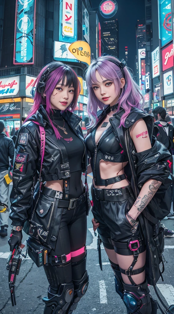 masterpiece, best quality, 2 ((smiling)) cyberpunk girls standing together, Harajuku-inspired cyberpunk body harness, bold colors and patterns, eye-catching accessories, trendy and innovative hairstyle, dazzling Cyberpunk cityscape, skyscrapers, neon signs, LED lights, bright and vivid color scheme, anime, illustration, detailed skin texture, detailed cloth texture, beautiful detailed face, intricate details, ultra detailed.