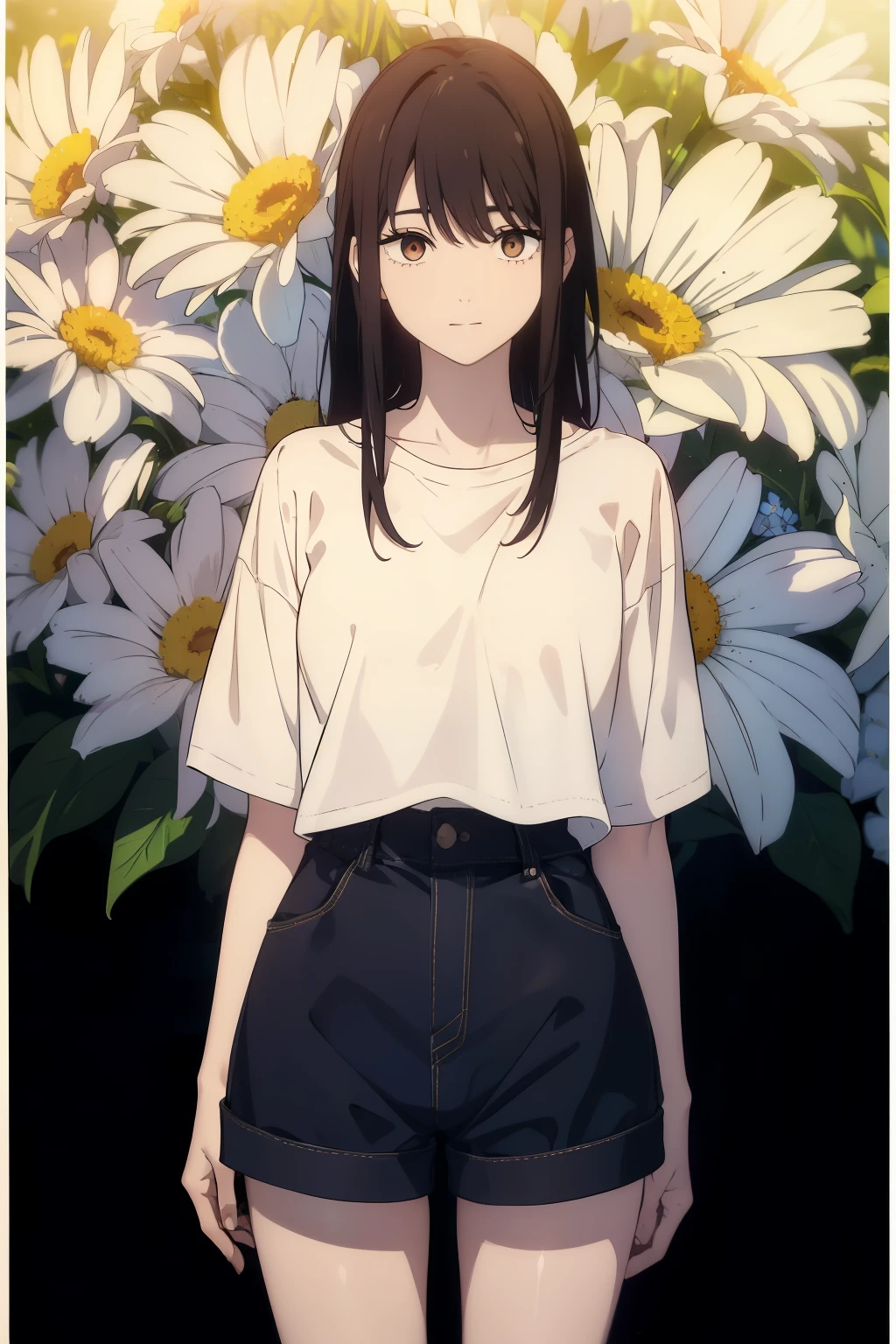 ((((Obra maestra, La mejor calidad, ultrahigh resolution)))), 1girl, standing, (baggy white t-shirt, loose fitting blue shorts, back hair, dark black hair over eye)), long hair cut, pale skin, ((brown eyes)), glowing_eyes, neon eyes, (ultra detailed eyes:0.7, beautiful and detailed face, detailed eyes:0.9), ((centered)), smile, ((wide shot)), facing viewer, (((vibrant background of outside, flowers, bright lighting, summer, sunlight))), flat chested, ((looking at viewer)), ((half closed eyes)), ((perfect hands)), ((head:1, hips, elbows, arms, in view)), ((hands behind back)), empty eyes, beautiful lighting, defined subject, 25 years old, ((cool looking)), ((from above, wide shot))