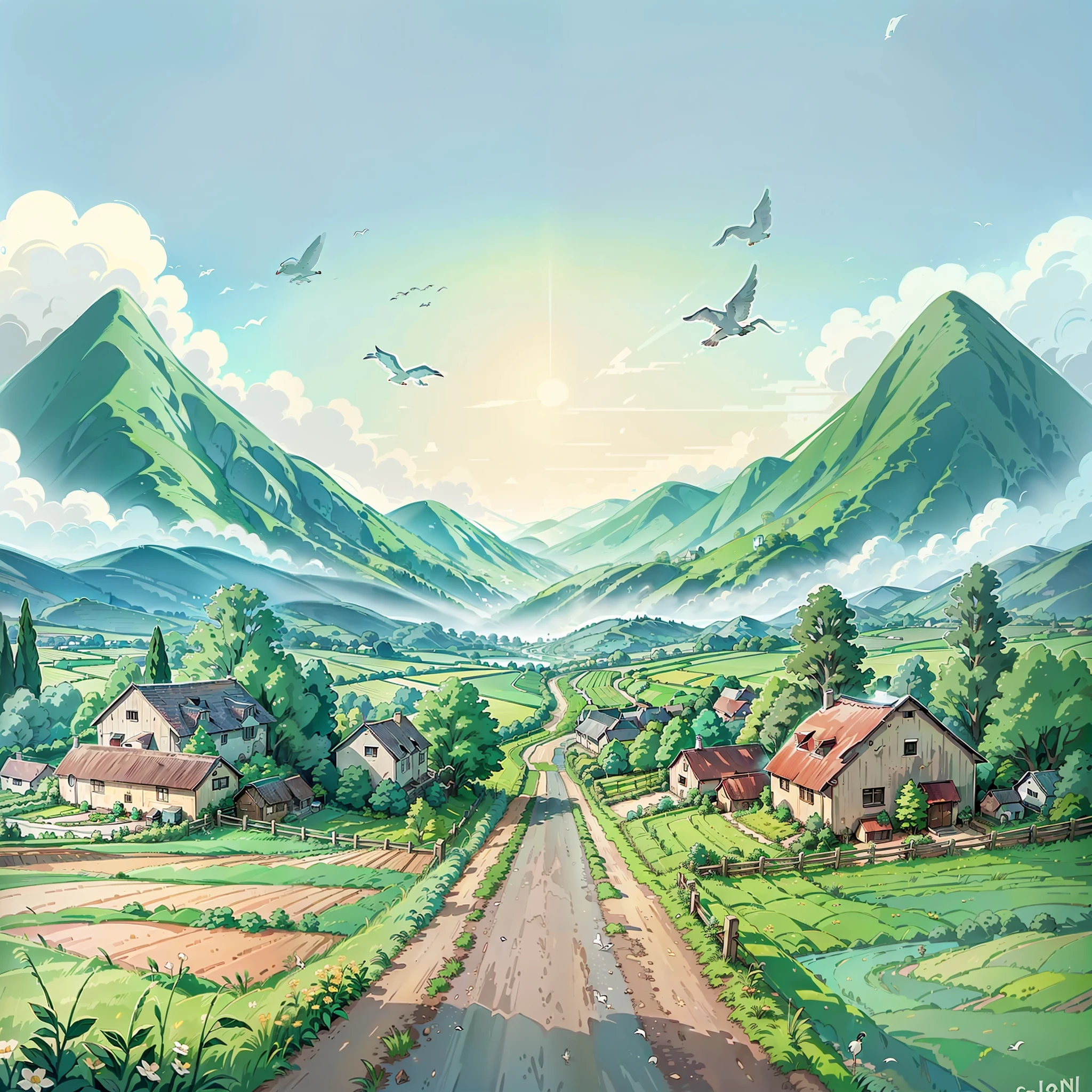 a cartoon illustration of a rural road with a farm and birds flying over it, anime countryside landscape, distant village background, scenery artwork, country landscape, landscape illustration, countryside, countryside city scene, background artwork, scenery art detailed, beautiful landscape background, houses and roads, farm land, artwork about a road to , mountains on the background, lovely valley