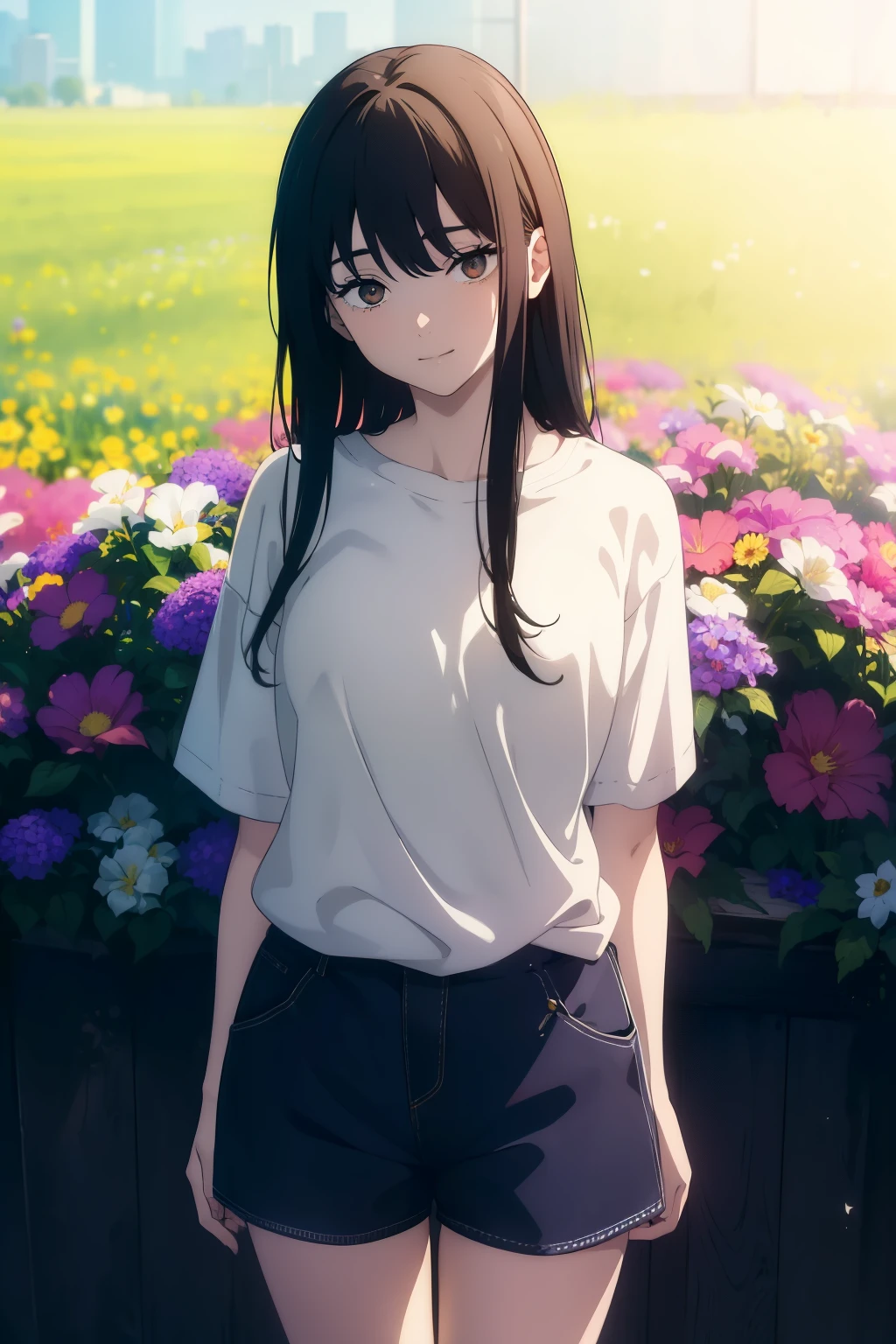 ((((Obra maestra, La mejor calidad, ultrahigh resolution)))), 1girl, standing, (baggy white t-shirt, loose fitting blue shorts, back hair, dark black hair over eye)), long hair cut, pale skin, ((brown eyes)), glowing_eyes, neon eyes, (ultra detailed eyes:0.7, beautiful and detailed face, detailed eyes:0.9), ((centered)), smile, ((wide shot)), facing viewer, (((vibrant background of outside, flowers, bright lighting, summer, sunlight))), flat chested, ((looking at viewer)), ((half closed eyes)), ((perfect hands)), ((head:1, hips, elbows, arms, in view)), ((hands behind back)), empty eyes, beautiful lighting, defined subject, 25 years old, ((cool looking)), ((from above, wide shot))