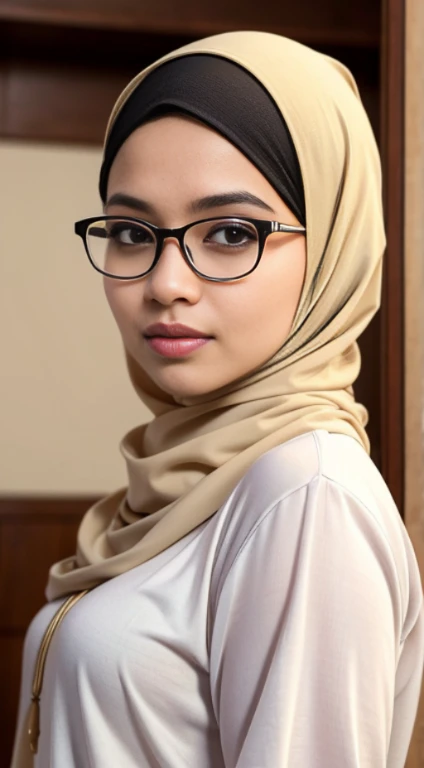 beautiful woman wearing a hijab with a floral motif, wearing glasses, big bra
