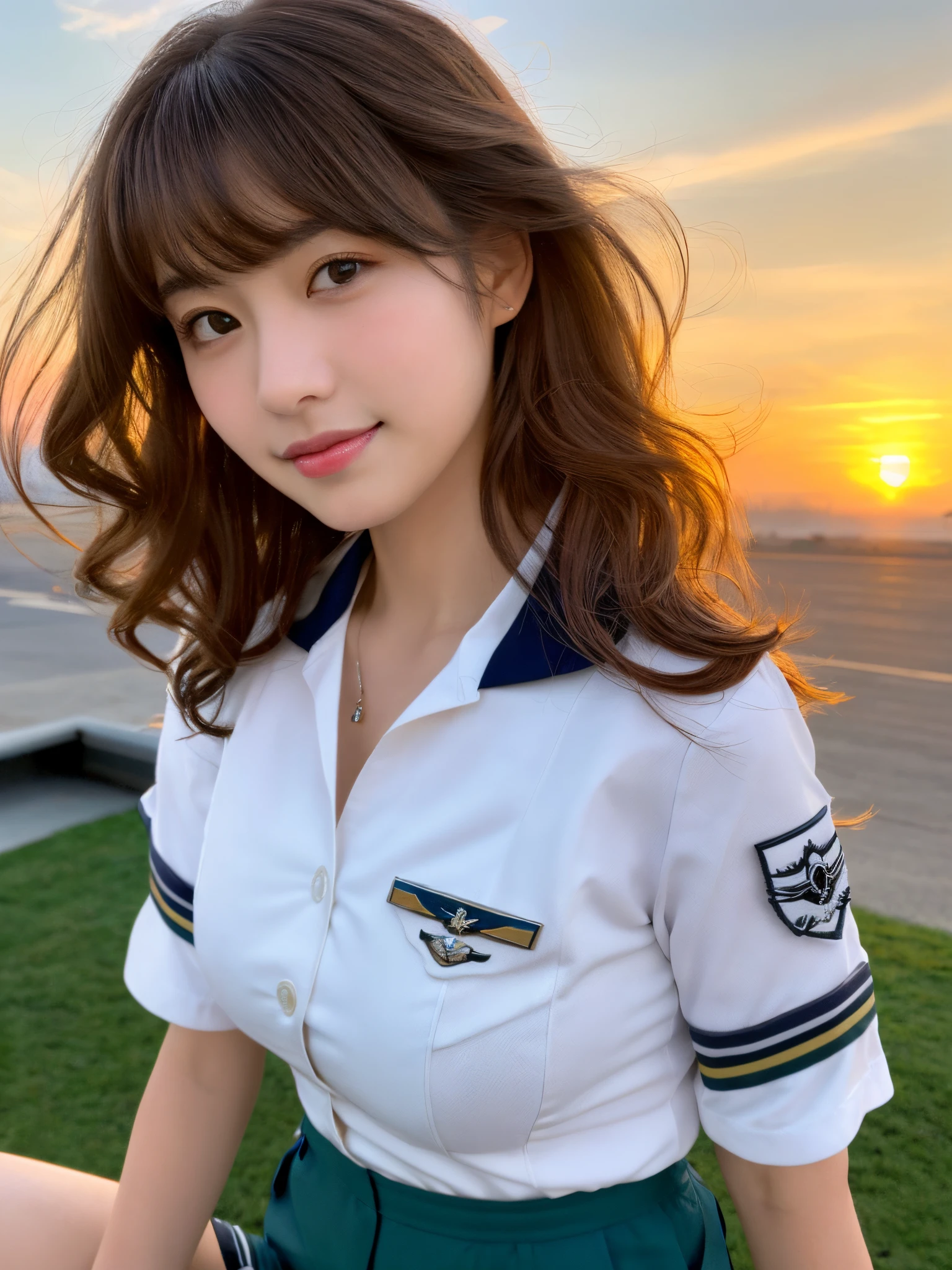 (top-quality、超hight resolution、​masterpiece:1.3), A photo of extremely cute and beautiful Japanese woman, (long wavy chestnut hair:1.2), , (Detailed beautiful girl:1.4), masutepiece, With bangs, Detailed moisturized eyes, Textured skin, Best Quality, Illustration, Ultra-detailed, finely detail, hight resolution, in 8K, Wallpaper, Perfect dynamic composition, Beautiful detailed eyes, Natural Lip,  Big breasts, cleavage, Random sexy poses, (Detailed US Air Force Pilot Captain Uniform:1.3), (White Pilot Captain Shirt:1.3), (shorts:1.3), Aircraft carrier deck at sunset, people working on deck々