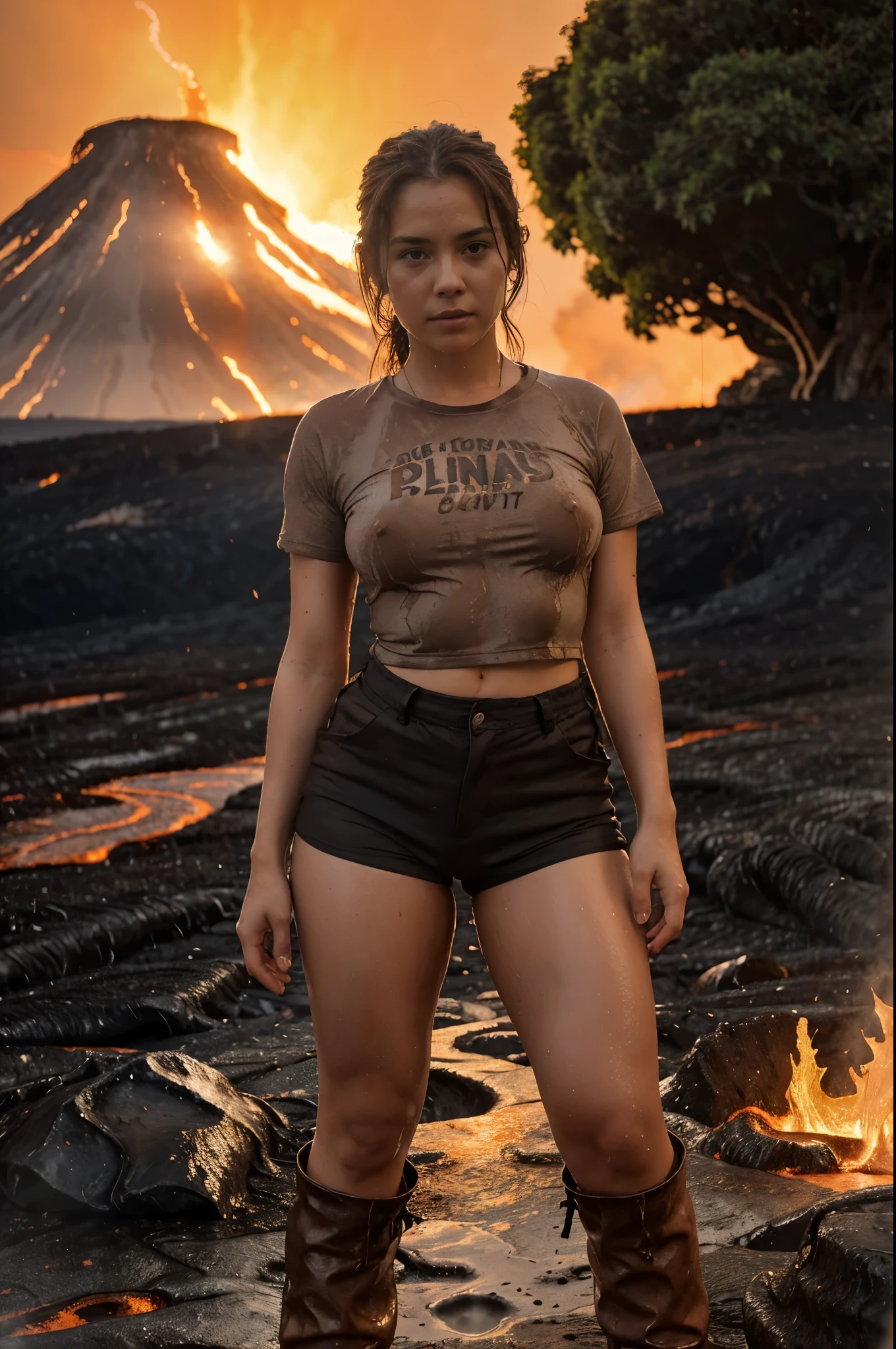 A woman of normal build with brown hair and small breasts is very sweaty and wet, dressed in a light soaked T-shirt and shorts and boots, standing on red-hot lava against the background of an erupting volcano, the sky is in smoke