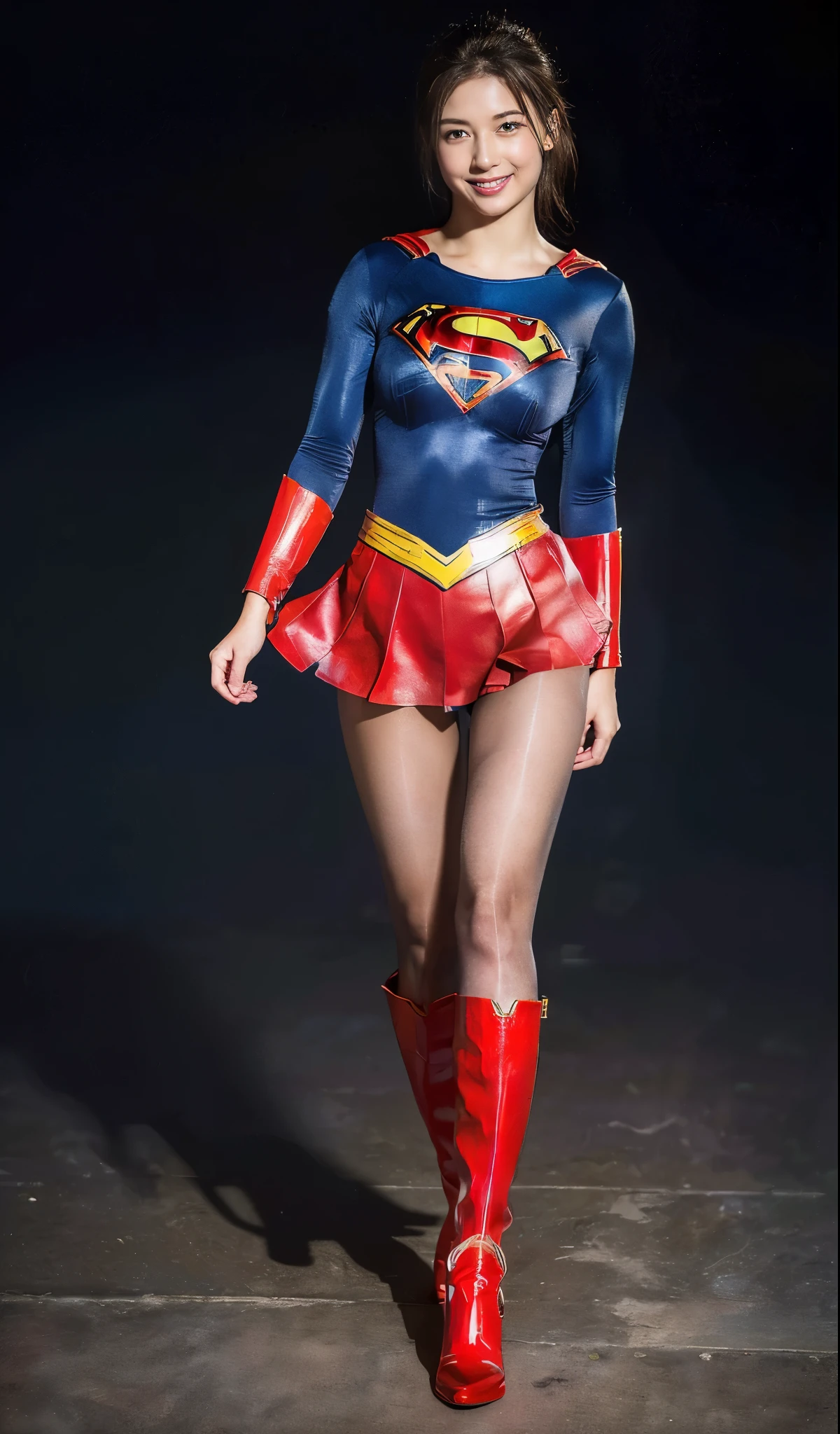 No background、Are sleeping、lying back on、(((Wear black tights on your beautiful legs.)))、(((Grow legs、tall、Legally express the beauty of your smile)))、((((Make the most of the original image)))、(((Supergirl Costume)))、(((beautiful hairl)))、(((Suffering)))、(((Feet must necessarily be worn with black tights)))、(((You need to wear red boots)))、((Top image quality、8K))、((top-quality、8K、​masterpiece:1.3))、(((Keep Background )))、Crisp focus:1.2、Beautiful woman with perfect body shape:1.4、Slender Abs:1.2、a wet body:1.5、Highly detailed facial and skin texture、8K