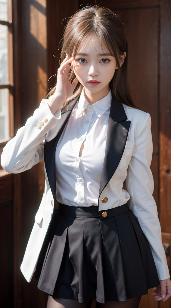 1Girl, Masterpiece, Best Quality, highs quality, Olga_animals, white_heads, ashy_eyes, 긴heads카락, Hair between eyes, Long sleeves, blazer, one-piece, skirt, Pantyhose, 매우 긴 heads카락, cowboy shots,