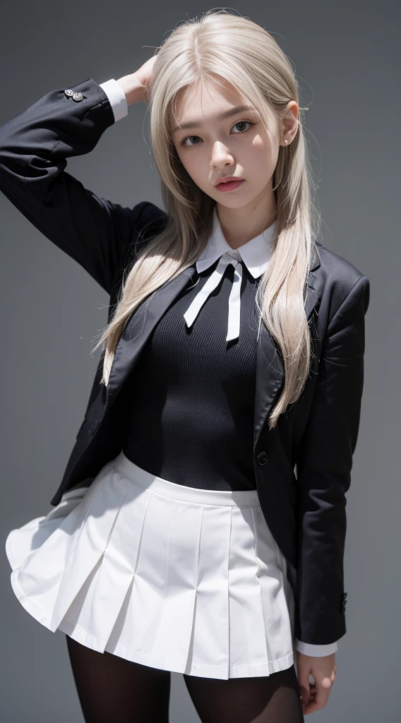 Realistic, masterpiece, highest quality, Highest Resolution, one Japanese high school girl, , Upper body photo, Looks sleepy, Spaced out, Mouth open, Beautiful and detailed eye drawing, (droopy eyes:1.3), Dark Eyes, Thin eyebrows, Carefully draw eyelashes, Eyelash extensions, Gal Makeup, Orange teak, (White brown wavy hair with white mesh, long hair, middle part:1.3), (hidden creased eyelids:1.3), (Gothic school uniform:1.2), (The subject was photographed from above at an angle:1.3), (Flower Field:1.3), (Close up on face, Standing up and trying to grab the audience:1.5)