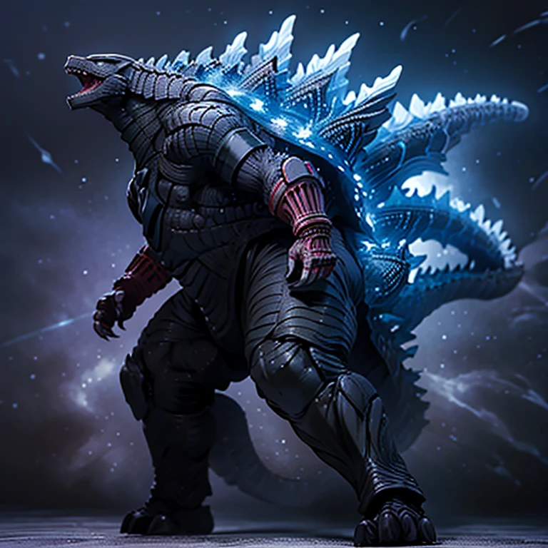 ultra-detailed, Explicit, Masterpiece, Best Quality, Highly detailed, illustration, absurdres, no humans, GodzillaXP, GZBD, GZHD,monster,godzilla, full body, violet eyes, long violet spines, open mouth, head up, roaring, growling, godzilla wear doll suit, shadaloo doll, dollsuit, looking at viewer, red gloves,