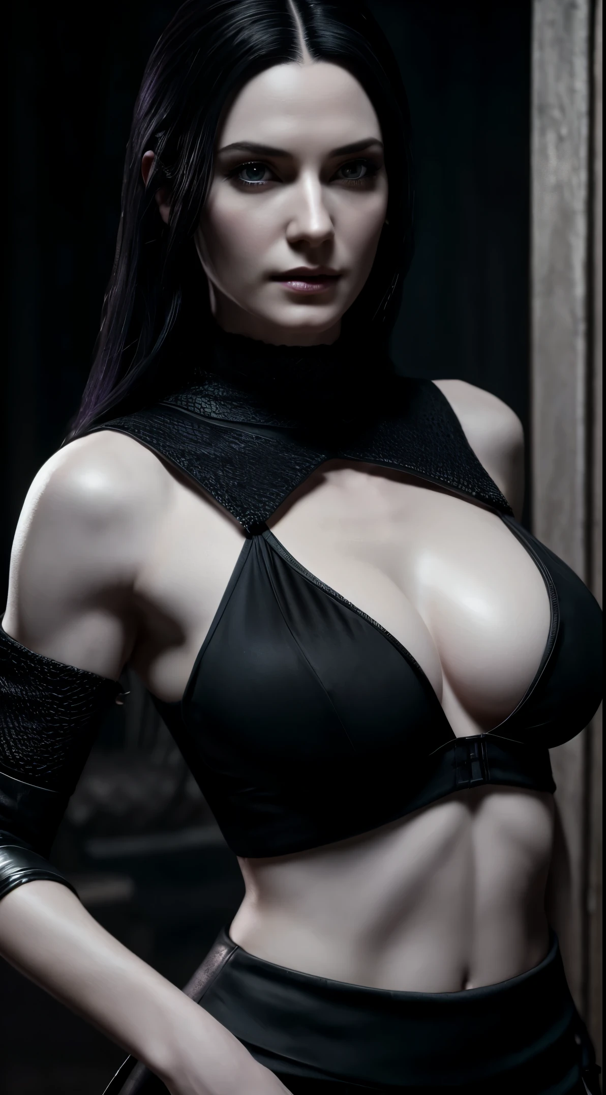 Beautiful woman, mature, beautiful purple eyes, black hair, pale skin, perfect breast, muscular body, black and white dress, Witcher universe, Jennifer,,, ultra realistic detailed, HDR,