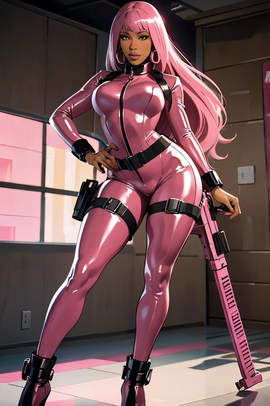 (nicki minaj), (fullbody), nicki minaj curvy, brown skin, long pink hair with bangs, makeup, super detailed, insanely inflated hips, tight outfit, shapely derriere, glossy pink latex jumpsuit, holding an anti-tank gun, glossy pink latex outfit, wearing black utility belt and gun holsters, background is ruined city, warzone, female action girl,
