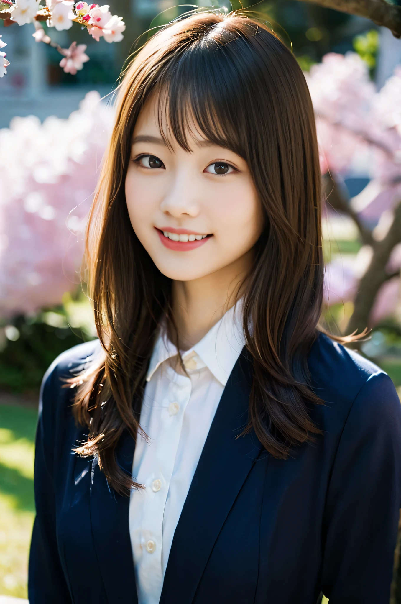 (8K、Raw photography、top-quality、masterpiece:1.2)、(realisitic、Photorealsitic:1.37)、ultra-detailliert、超A high resolution、1人、see the beholder、beautifull detailed face、A smile、Constriction、(Slim waist) :1.3)、Beautiful detailed skin、Skin Texture、Floating hair、Professional Lighting、Whole human body、Longhaire、a blond、japanese hight school uniform、hi-school girl、School route、cherry trees、red ribbon hair、Happy smile、Childish smile、Suppin