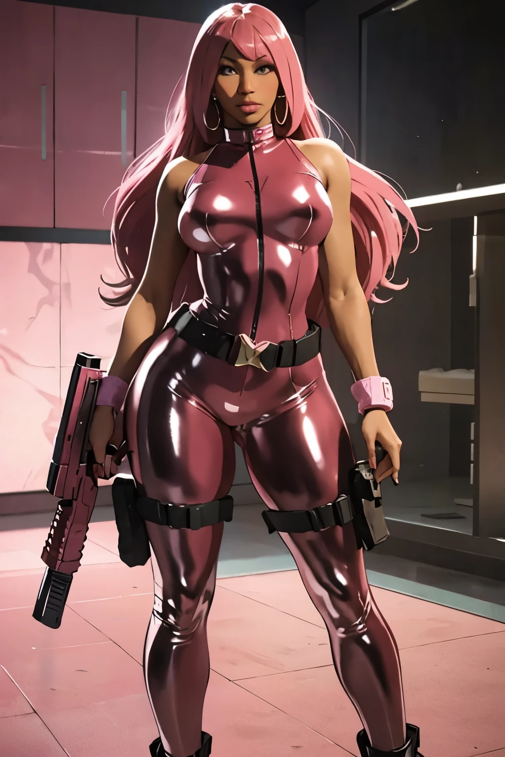 (nicki minaj), (fullbody), curvy, brown skin, long pink hair with bangs, makeup, super detailed, glossy pink latex jumpsuit holding a pink rifle, glossy pink latex outfit, wearing black utility belt and gun holsters