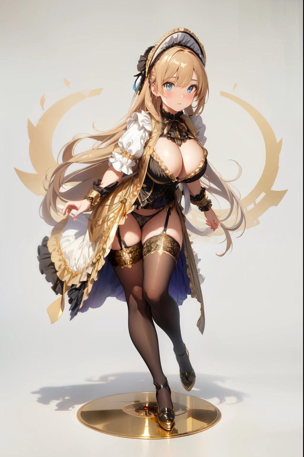 (Masterpiece, High Quality, High-Detailed, Detailed CG, Cinematic Lighting, Beautiful Detailed Eyes, Ultra Resolution, Full Body Shot), (Erotic Suggestiveness:1.0), (Victorian Aesthetic Outfit:1.5), (Gold and Black Color Victorian Aesthetic Outfit:1.5), (Exposed Breast Dress:1.0), NSFW, Five Finger, Huge-Breast, Thigh, Anime Girl Lifting Up its Skirt, Black-Pantyhose, Fishnet-Pantyhose, Blue-Eye, Long Hair, Golden-Hair, Exposed Panties, Black Panties, Victorian Background