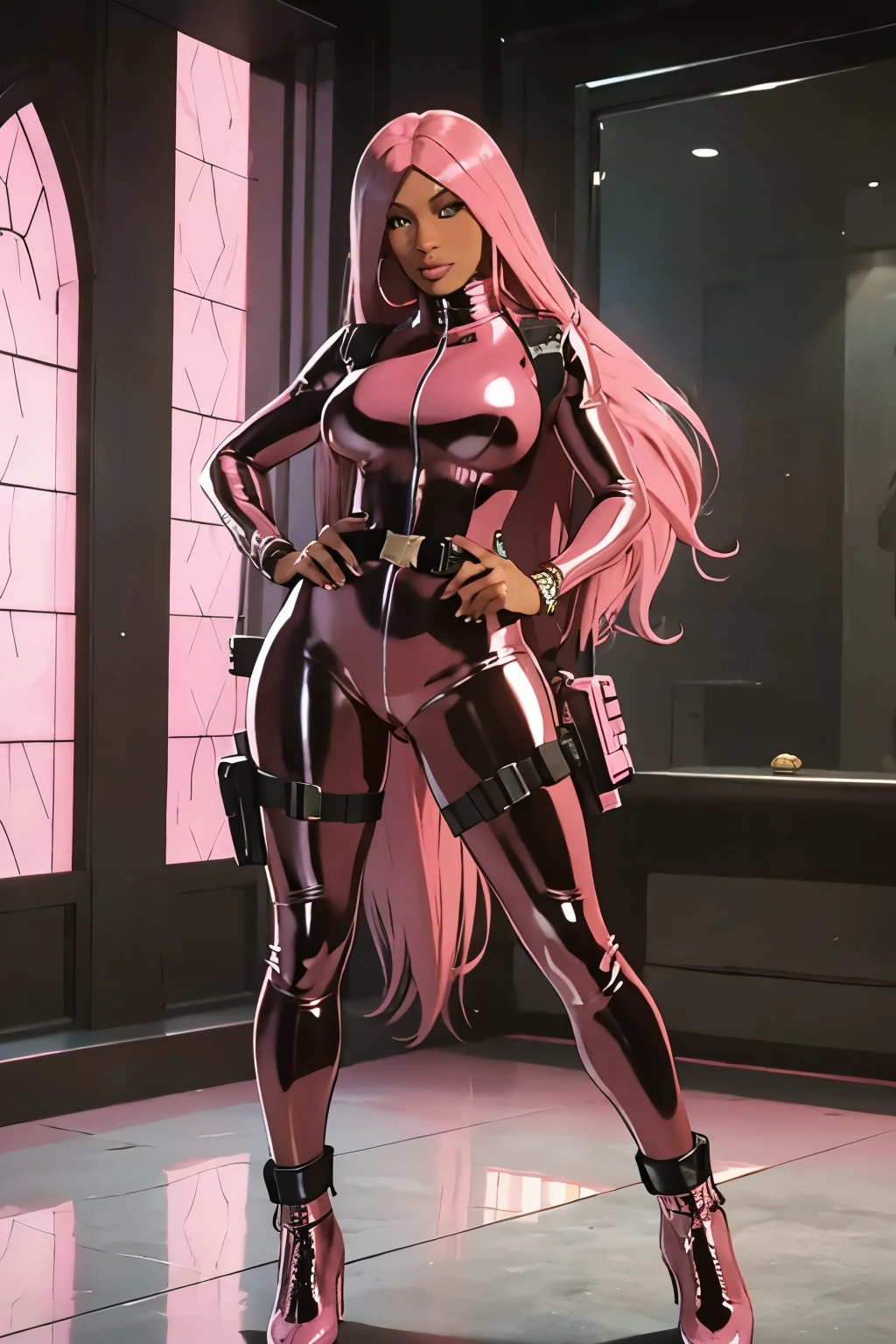 (nicki minaj), (fullbody), curvy, brown skin, long pink hair with bangs, makeup, super detailed, glossy pink latex jumpsuit holding a pink rifle, glossy pink latex outfit, wearing black utility belt and gun holsters