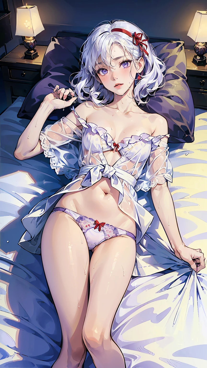 ((((masterpiece, best quality, high resolution)))), (1girl:1.5), ((short silky hair, white hair, purple eyes)), (average breasts:1.2), blush, (light smile, parted lips), glow, thighs, bare shoulders, collarbone, narrow waist, (slender body figure), (beautiful detailed face, beautiful detailed eyes), ((wet white blouse, tied with red ribbon, panties showing package:1.3)), (lying flat on the bed:1.5), looking at viewer, nighttime, bedroom, (cowboy shot)