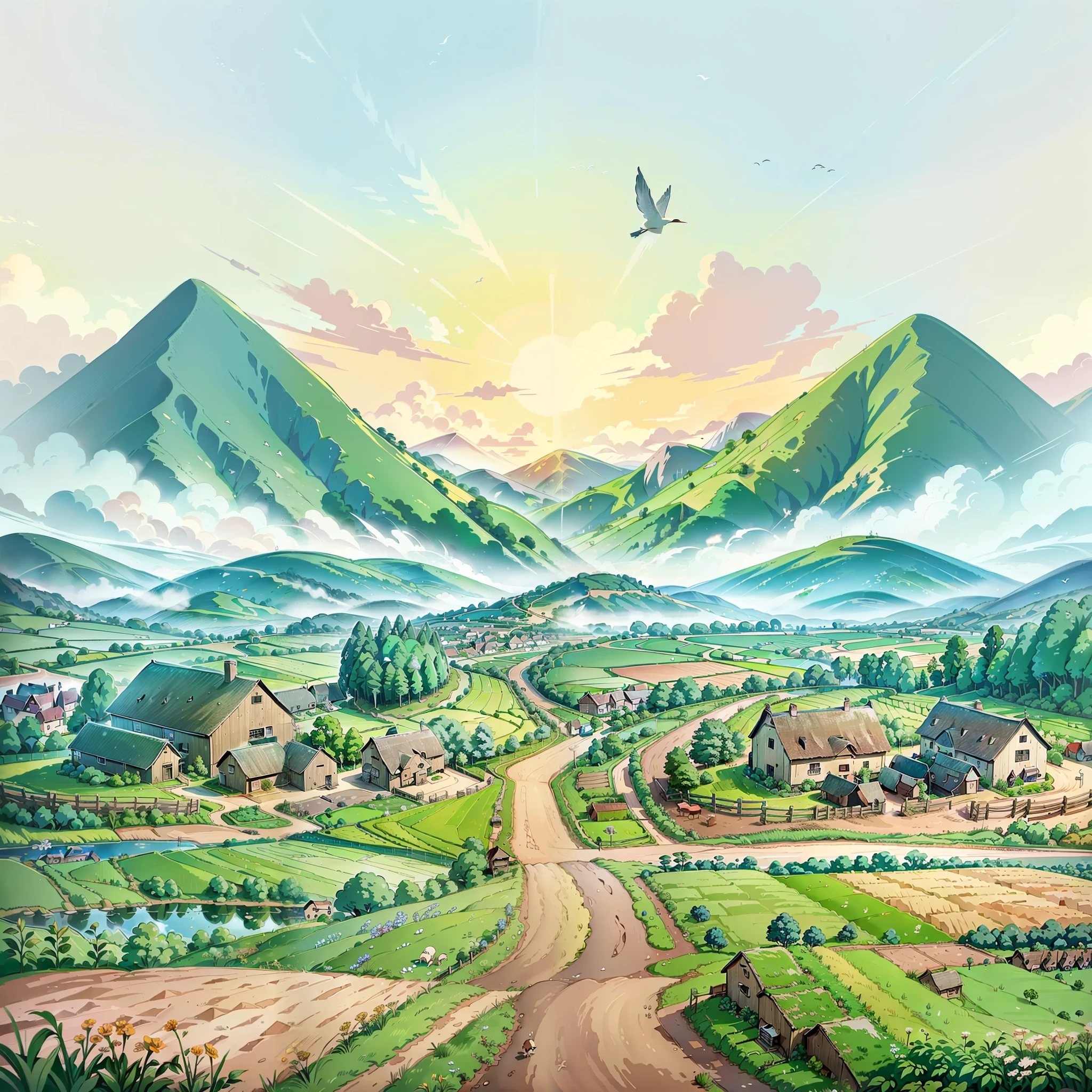 a cartoon illustration of a rural road with a farm and birds flying over it, anime countryside landscape, distant village background, scenery artwork, country landscape, landscape illustration, countryside, countryside city scene, background artwork, scenery art detailed, beautiful landscape background, houses and roads, farm land, artwork about a road to , mountains on the background, lovely valley