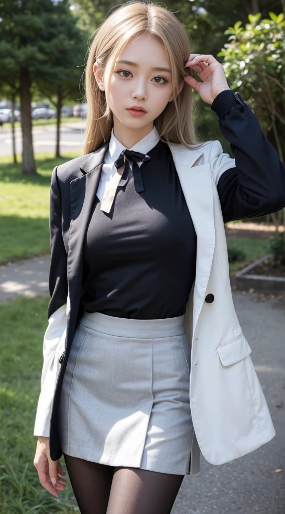 1Girl, Masterpiece, Best Quality, highs quality, Olga_animals, white_heads, ashy_eyes, 긴heads카락, Hair between eyes, Long sleeves, blazer, one-piece, skirt, Pantyhose, 매우 긴 heads카락, cowboy shots,