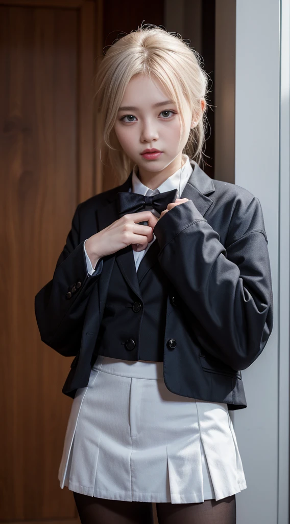 1Girl, Masterpiece, Best Quality, highs quality, Olga_animals, white_heads, ashy_eyes, 긴heads카락, Hair between eyes, Long sleeves, blazer, one-piece, skirt, Pantyhose, 매우 긴 heads카락, cowboy shots,