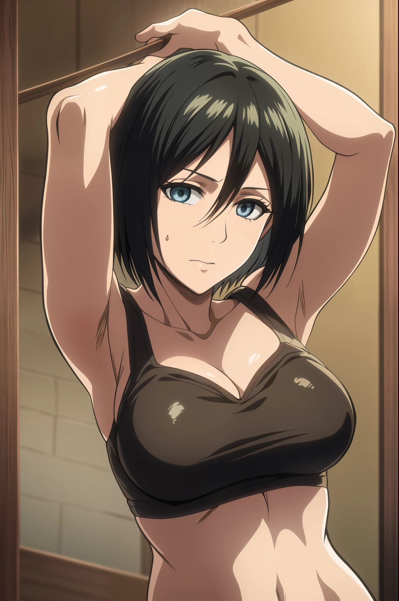 1 asian anime girl, mikasa ackerman, (cabelo preto: 1.3), cabelo entre os olhos, cabelo curto, costeletas, olhos cinzas, decote, solo, obra-prima, melhor qualidade, 8k, banho, relaxar, breasts enter medium to show, tomando banho dentro da fonte termal japones, hairy pubis,