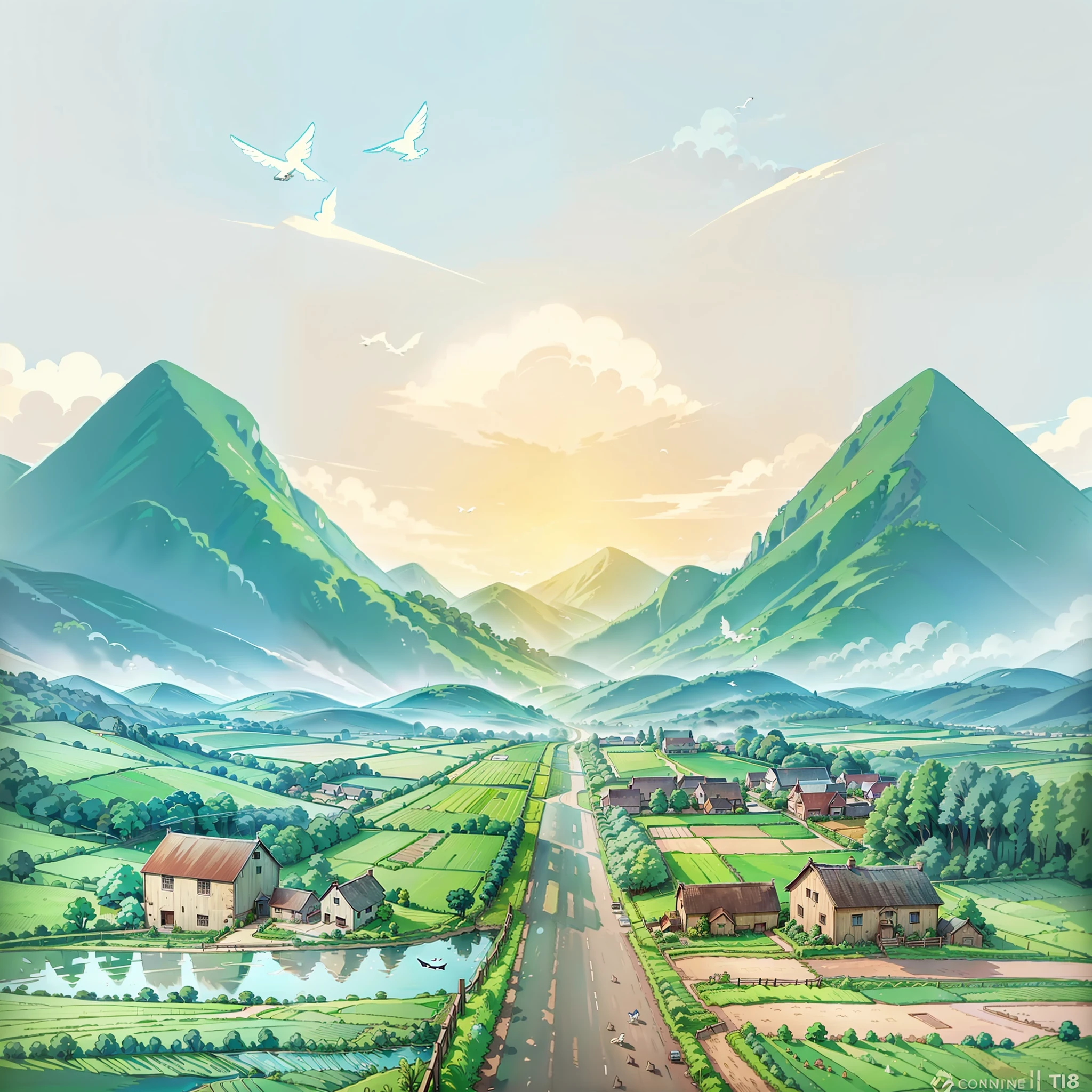 a cartoon illustration of a rural road with a farm and birds flying over it, anime countryside landscape, distant village background, scenery artwork, country landscape, landscape illustration, countryside, countryside city scene, background artwork, scenery art detailed, beautiful landscape background, houses and roads, farm land, artwork about a road to , mountains on the background, lovely valley