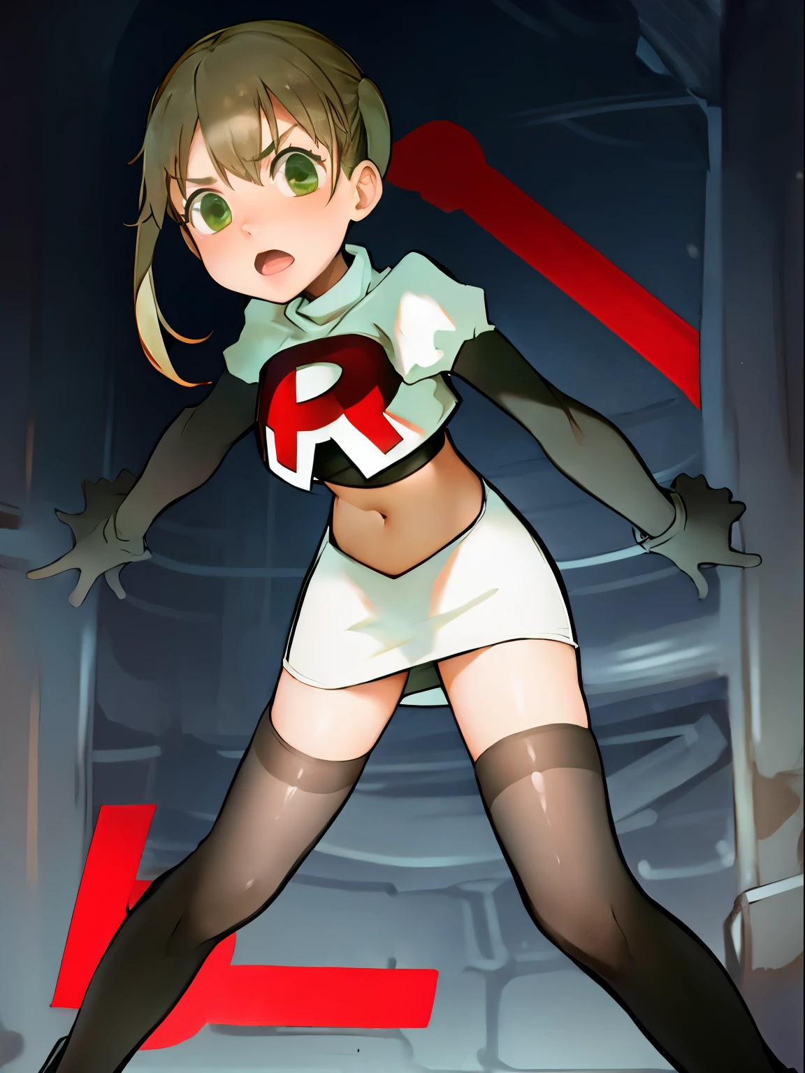 maka albarn, twintails, team rocket,team rocket uniform, red letter R, white skirt,white crop top,black thigh-highs,black elbow gloves,