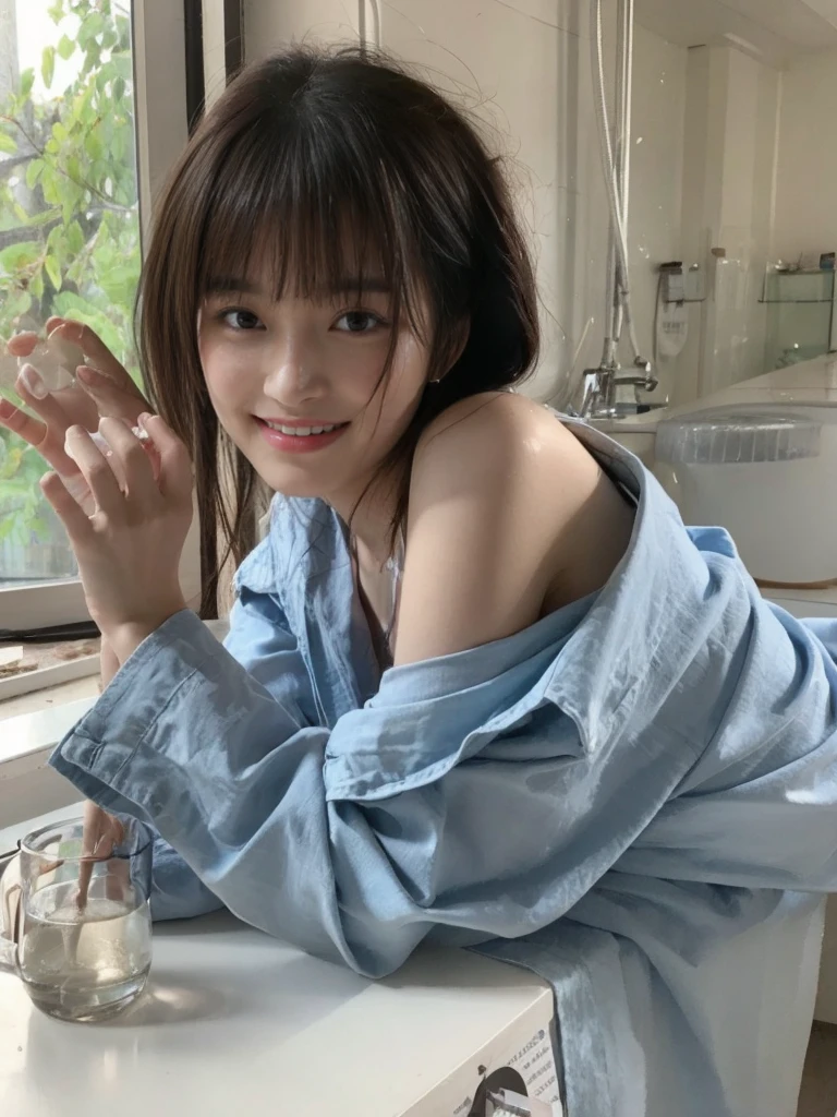 (On a table, Best quality, realistically, ultra - detailed, meticuloso, A high resolution, 8k wallpaper), Close-up portrait of a beautiful woman, Chariada, Smiling, light brown messy hair, Perfect dynamic composition, 美丽meticuloso的眼睛, Just like the cover of a fashion magazine, On campus
