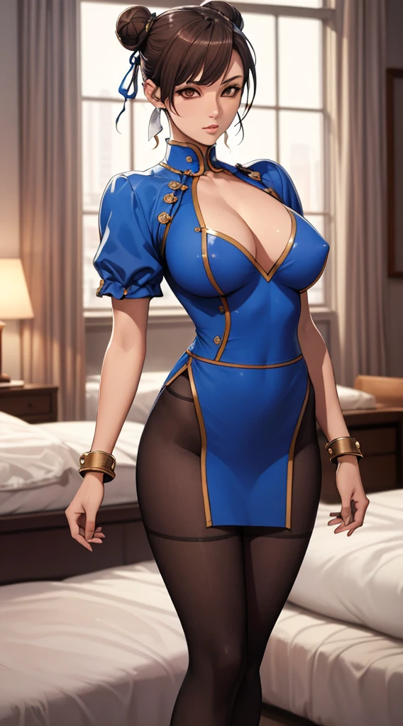 Masterpiece, (high quality), (intricate, 8k, 4k), 1 girl, Chun li, short Brown hair, double bun, mascara, transparent Brown pantyhose, Spike bracelet, nsfw, bedroom, Oda Non, standing,