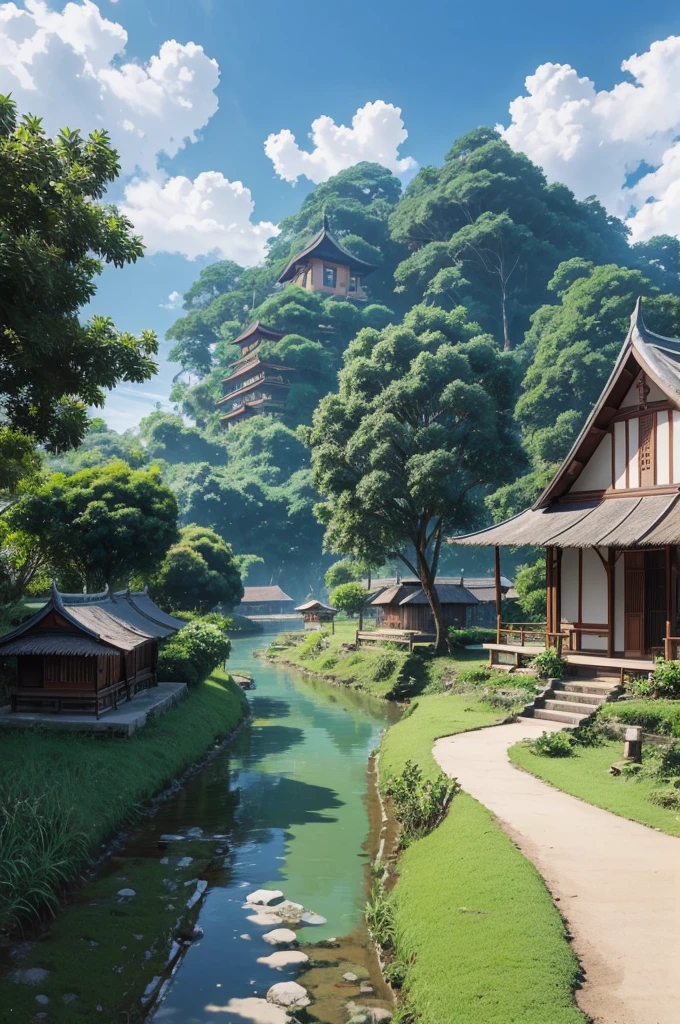 Anime style, studio ghibli, a beautiful scenery of a traditional village in Indonesia, sunny day with clouds, gravel road, modest housings with a big mosque near the river, some trees , tranquility, peaceful vibes, muslim community