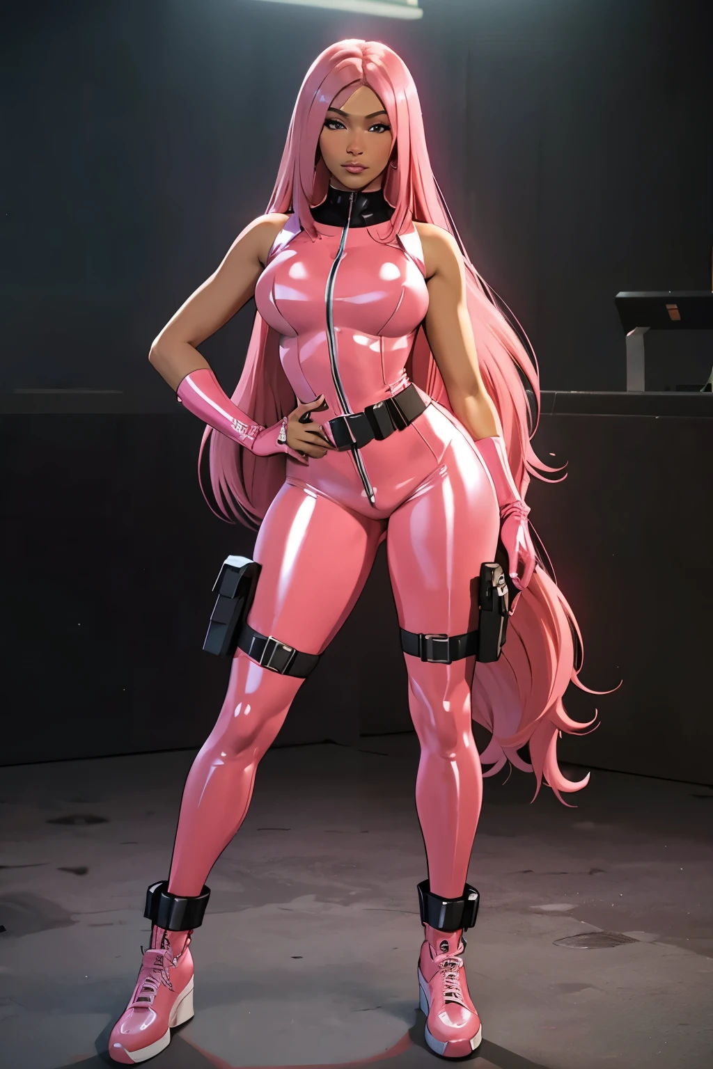 (nicki minaj), (fullbody), curvy, brown skin, long pink hair with bangs, makeup, super detailed, glossy pink latex jumpsuit holding a pink rifle, glossy pink latex outfit, wearing black utility belt and gun holsters