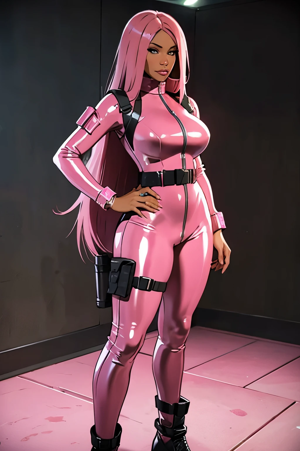 (nicki minaj), (fullbody), curvy, brown skin, long pink hair with bangs, makeup, super detailed, glossy pink latex jumpsuit holding a pink rifle, glossy pink latex outfit, wearing black utility belt and gun holsters