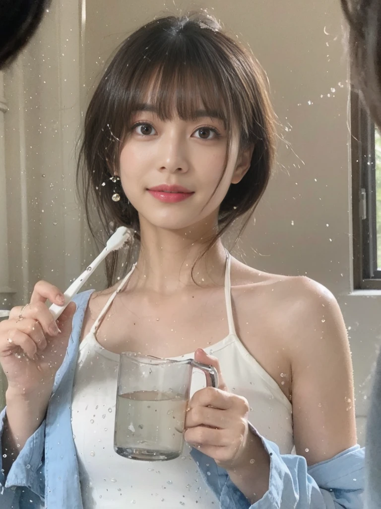 (On a table, Best quality, realistically, ultra - detailed, meticuloso, A high resolution, 8k wallpaper), Close-up portrait of a beautiful woman, Chariada, Smiling, light brown messy hair, Perfect dynamic composition, 美丽meticuloso的眼睛, Just like the cover of a fashion magazine, On campus