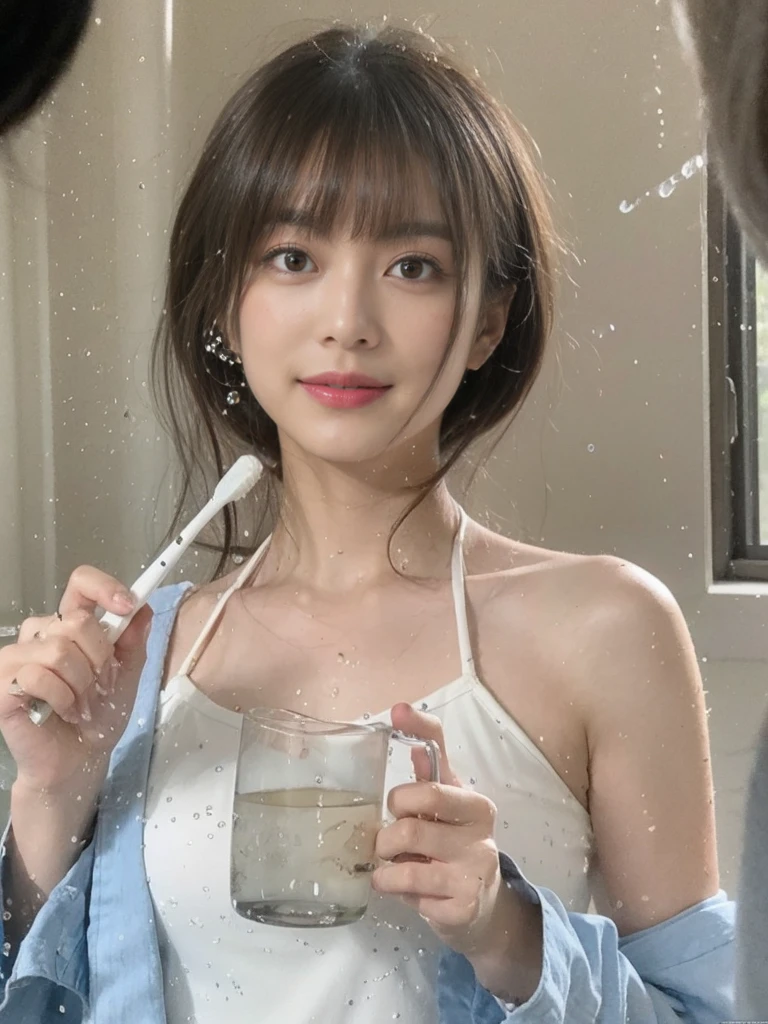 (On a table, Best quality, realistically, ultra - detailed, meticuloso, A high resolution, 8k wallpaper), Close-up portrait of a beautiful woman, Chariada, Smiling, light brown messy hair, Perfect dynamic composition, 美丽meticuloso的眼睛, Just like the cover of a fashion magazine, On campus