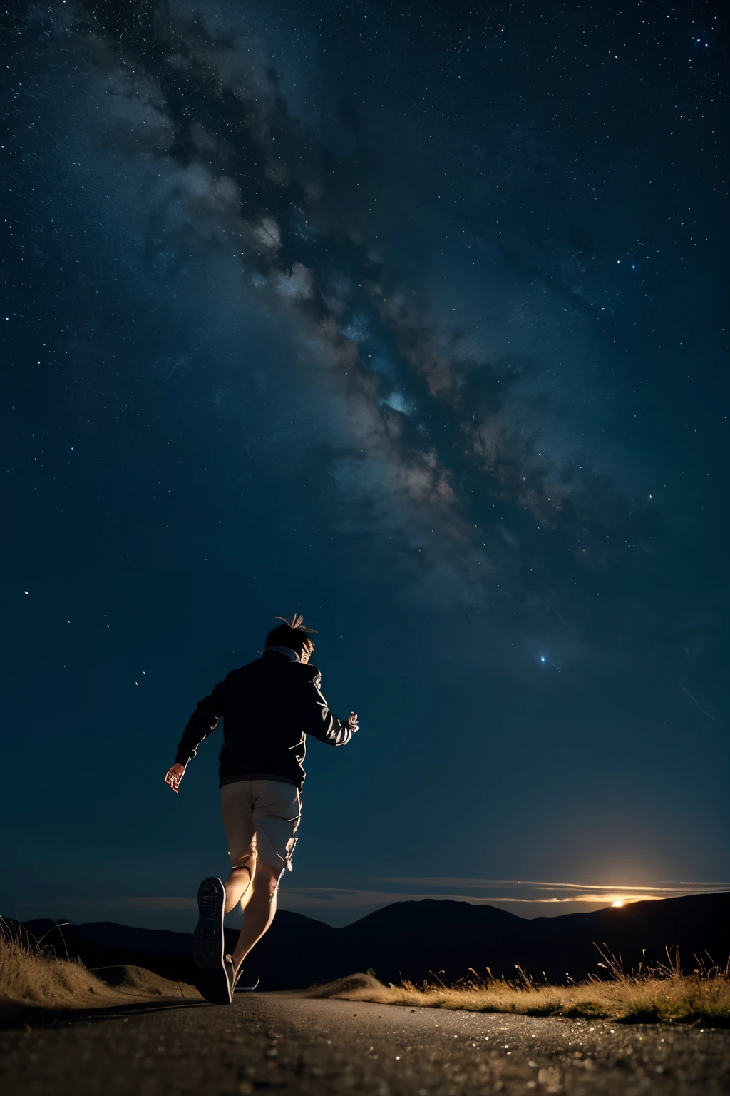 Man running alone，In the faint light of morning，Under the stars at night，Just like chasing a dream，Anime avatar，Half a body，perfect pubic，tmasterpiece，Lateral face