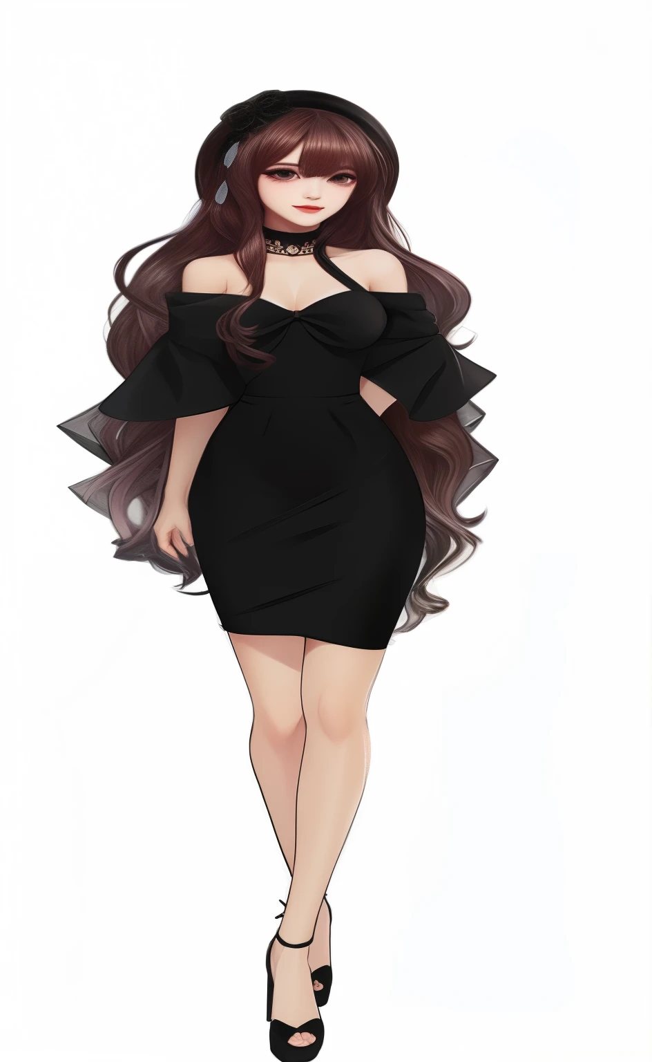 woman in a black dress with long hair, girl wearing a black dress, !!full body portrait!!, full body portrait of a short!, outfit design, full body!, fullbody portrait, full body
