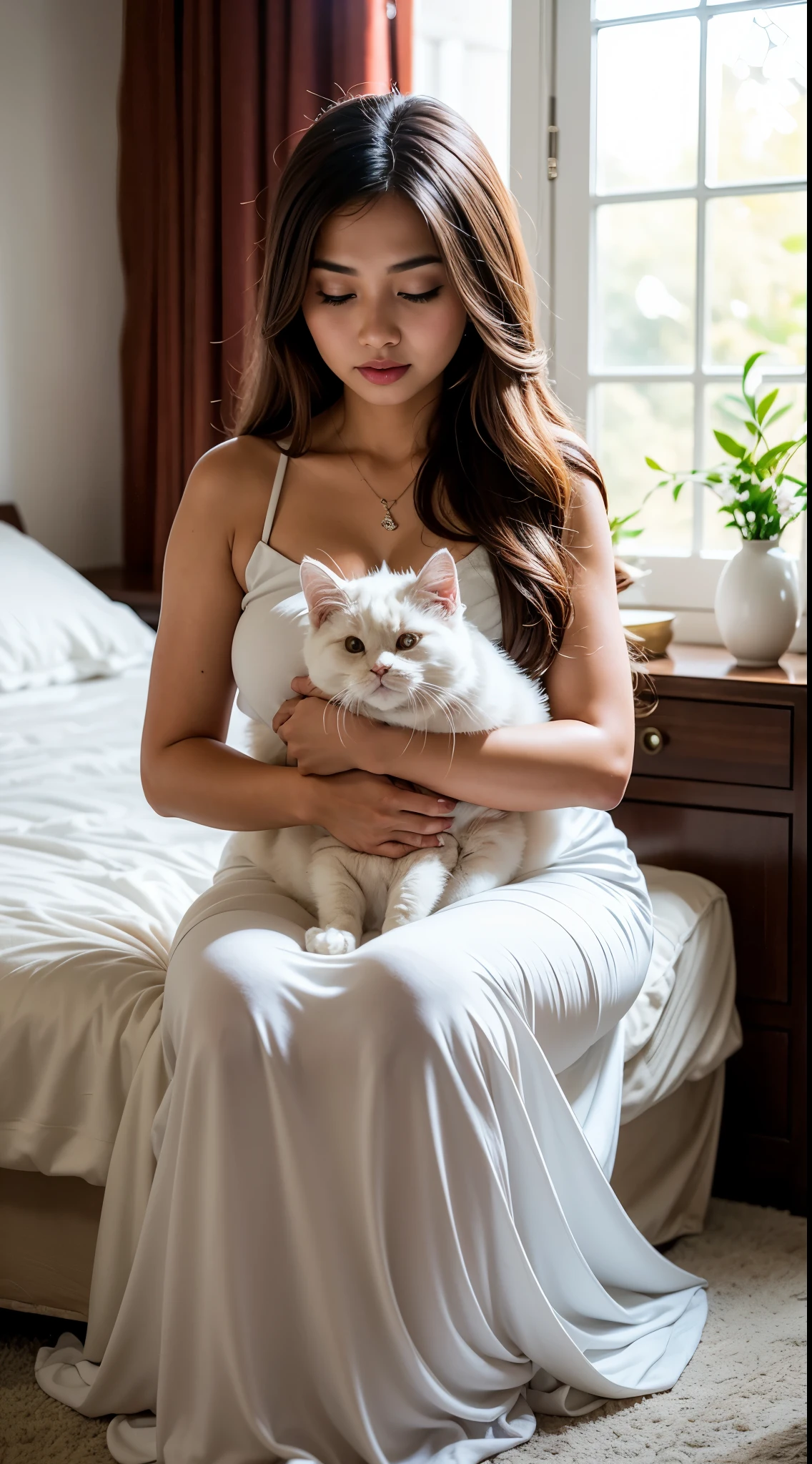 Design a heartwarming scene as the young Malay woman interacts with her beloved cat pet, big fluffy white persian cat, beautiful woman with beautiful fit body, wearing long dress, sitting in bedroom, long brown hair,big breast, showcasing the bond between them in a cozy home setting, bright lighting, happy, 8k, high quality, ray lighting,