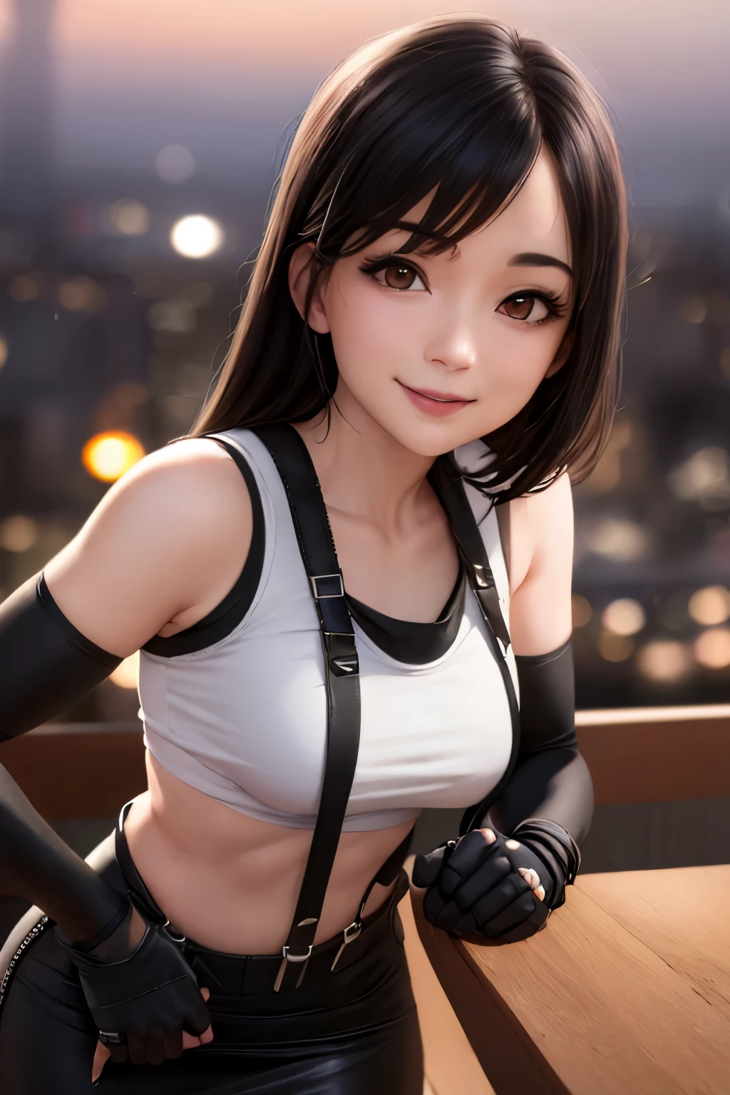 masterpiece, best quality, defTifa, white crop top, elbow pad, fingerless gloves, suspenders, pencil skirt, upper body, looking at viewer, leaning forward, smile, bar, city at night