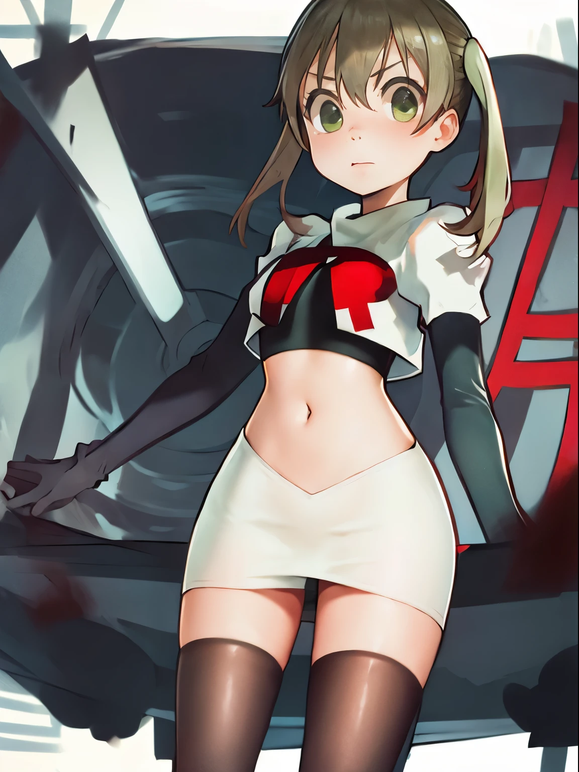 maka albarn, twintails, team rocket,team rocket uniform, red letter R, white skirt,white crop top,black thigh-highs,black elbow gloves,