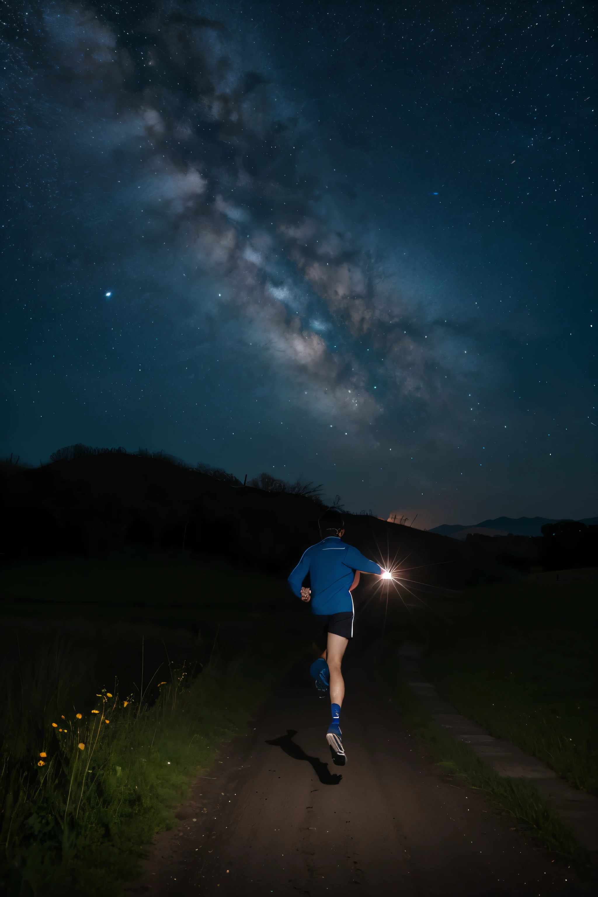 running alone,in the faint morning light,Under the stars at night,like chasing a dream,Anime avatar,Half a body,perfect pubic bone,tmasterpiece,Lateral face