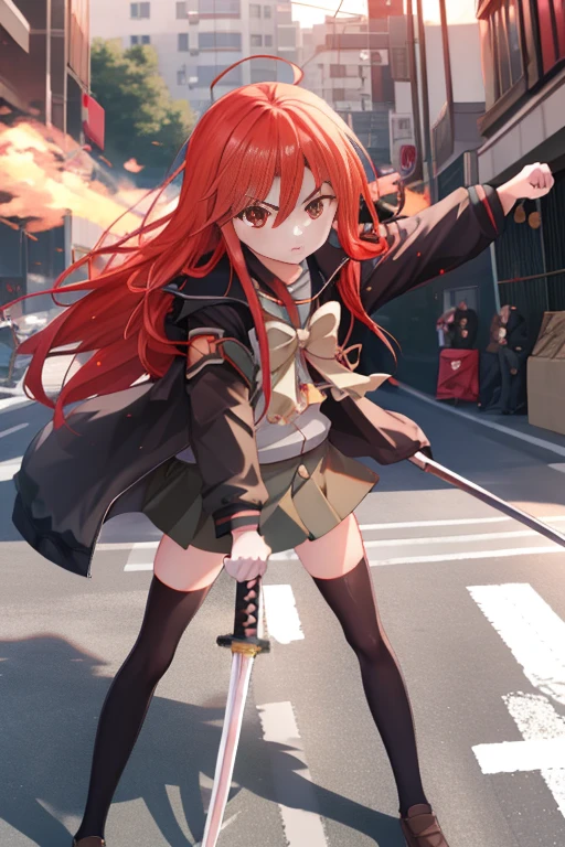 masutepiece, Best Quality,the Extremely Detailed CG Unity 8K Wallpapers, 
1girl in,Shana,Red hair,Red Eyes,Ahoge,Misaki High School uniform(Winter clothes)，Riders Jacket，arma(One Japanese sword)，Grasp the handle of a Japanese sword with both hands，Combat stance，the blade is engulfed in flames，knee high socks，lowfers，(In the street，rubble)，expressioness(Serious face)，inside the barrier，Building rubble