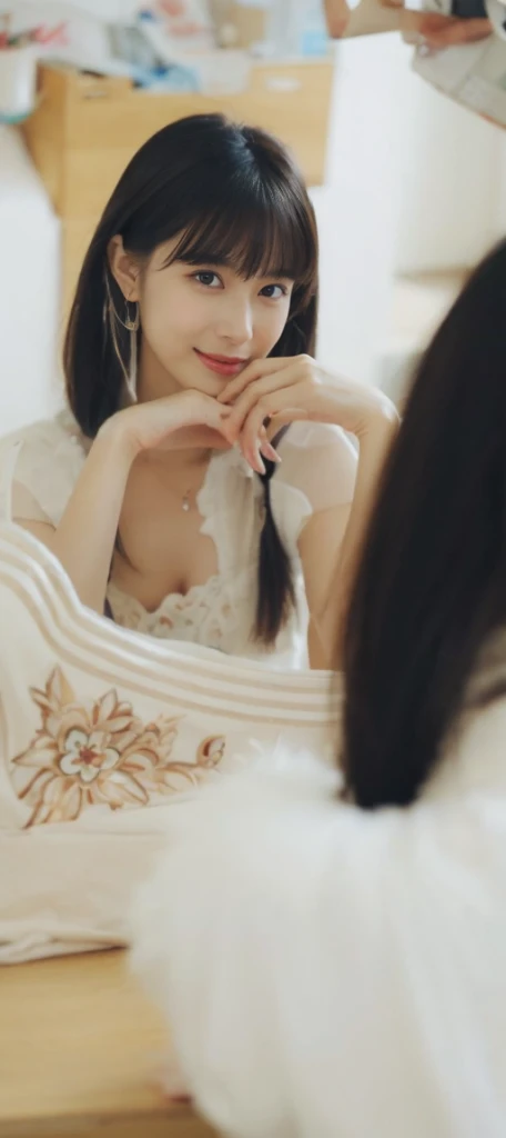 (On a table, Best quality, realistically, ultra - detailed, meticuloso, A high resolution, 8k wallpaper), Close-up portrait of a beautiful woman, Chariada, Smiling, light brown messy hair, Perfect dynamic composition, 美丽meticuloso的眼睛, Just like the cover of a fashion magazine, On campus