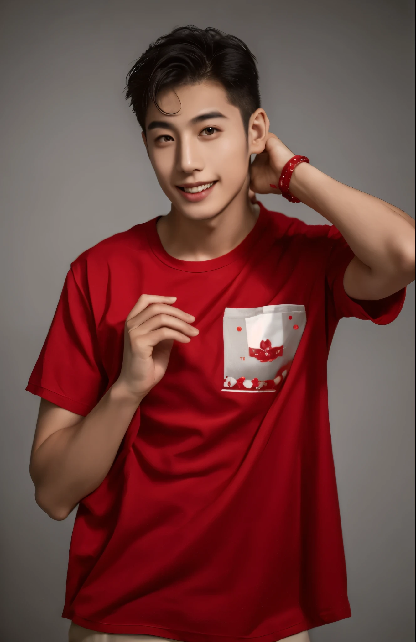 sweets 20 year-old asian handsome guys, red outfit, red t-shirt , flat gray background, happy emotion, tied hair, 8k, super detail, accurate, best quality, best quality