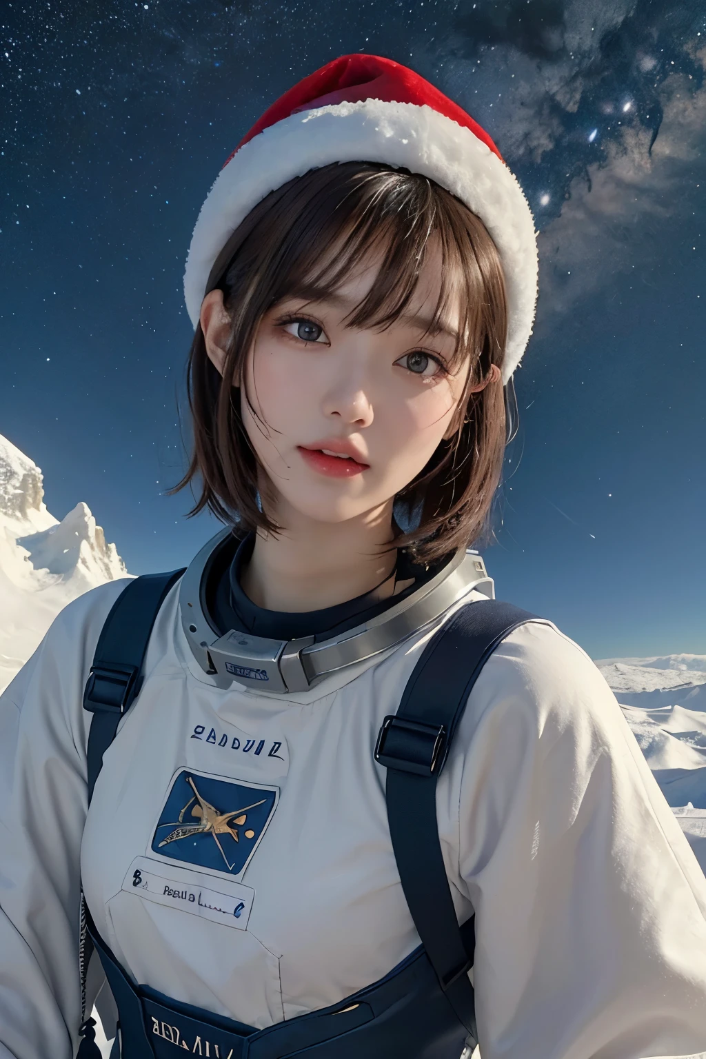 top-quality、masterpiece、超A high resolution、(realisitic:1.4)、Beautuful Women1、Beautiful detail eyes and skin、ssmile、Light brown short-cut hair、The perfect spacesuit、spaceships、cosmic space、santa hat、cloudy ash sky、Snow World、