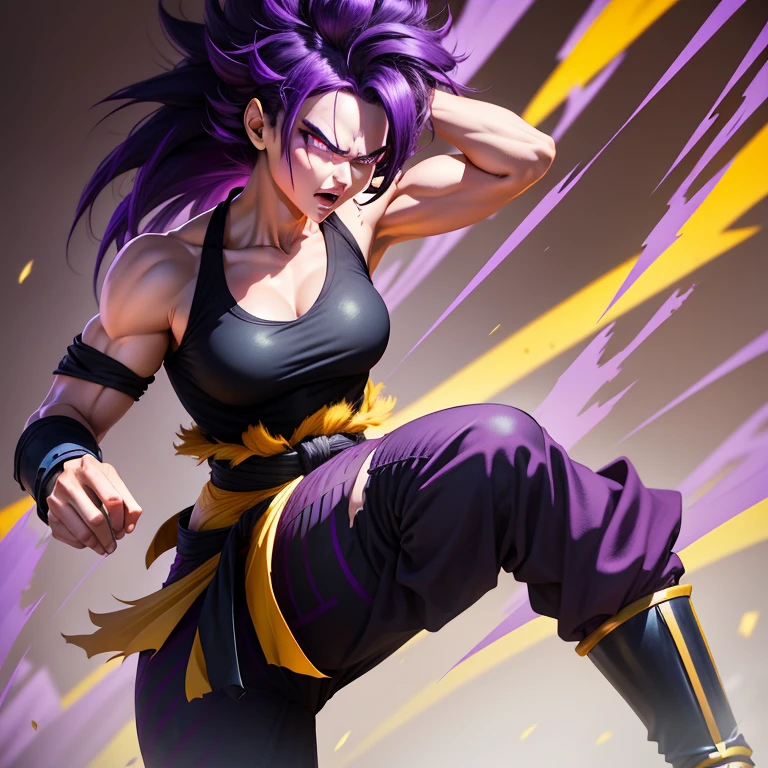 Saiyan Girl, bristly hair, dark purple hair, dark purple aura, without eyebrows, red irises, anger expression, black sleeveless t-shirt, Saiyan armor, yellow belt, black pants with yellow stripes, Red boots, Gloves without fingers.