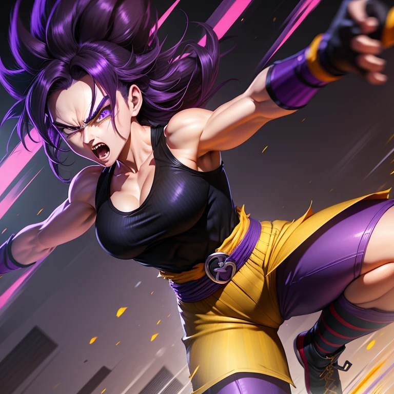 ((Best quality)), ((Masterpiece)), ((Realstic)) and ultra-detailed pchaudography, Caulifla, Pretty Girl Cauliflade de Dragon Ball Super, spiky black hair, Jolie fille, cheveux jaune clair, parti, neon light. Elle a ((cheveux noir)), crop top rose, Sein gigantesque, Very wide purple pants , ((beautiful and aesthetic)), sexy, gros seins, chaud, grosse poitrine