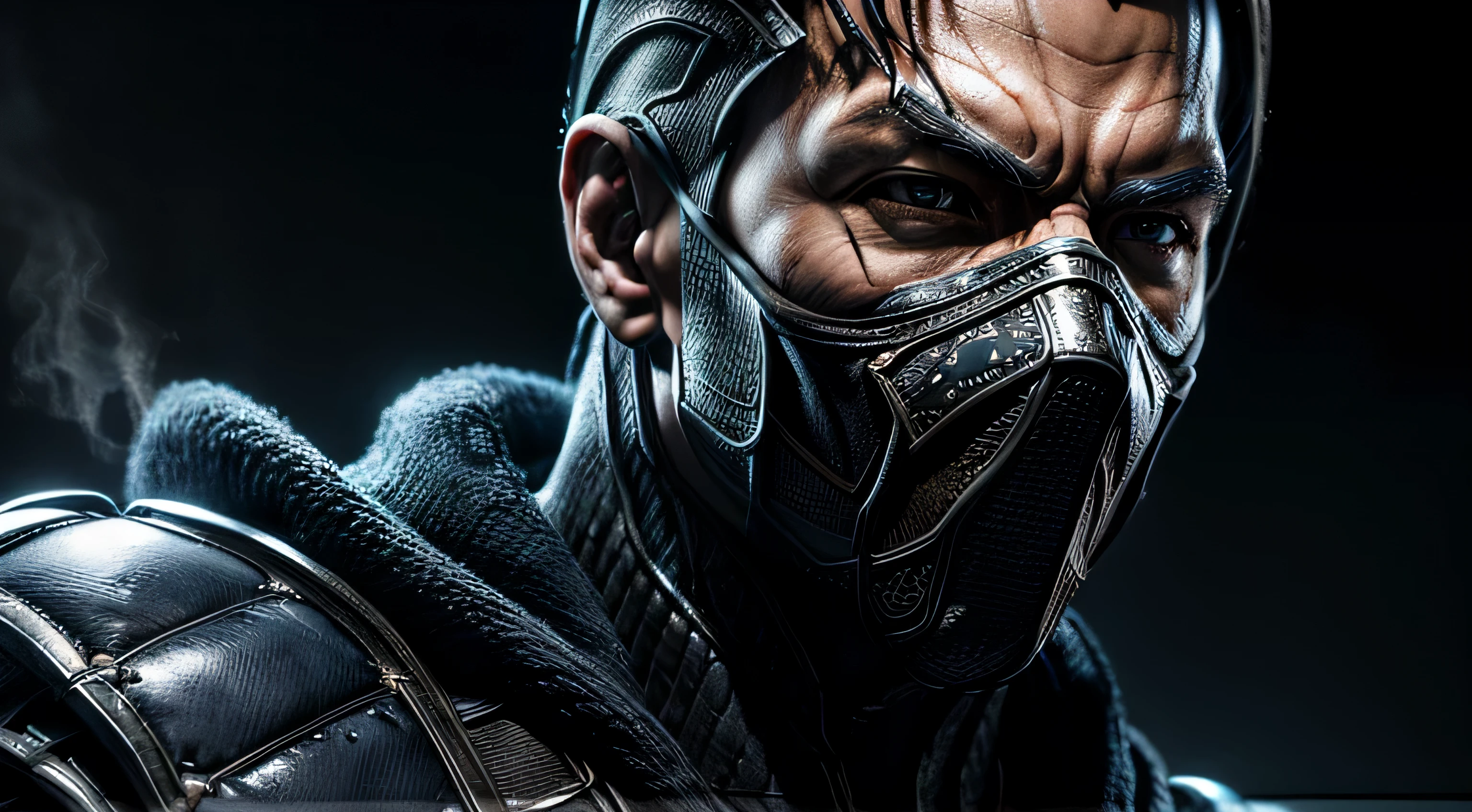 Mortal kombat, portrait (close up) Sub zero, ice effects, dark blue suit, realistically, dynamic lights, old, full footage, (extremely detailed 8k wallpaper of CG unit), trend in ArtStation, trend in CGSociety, high detail, sharp focus, dramatic, photorealistic