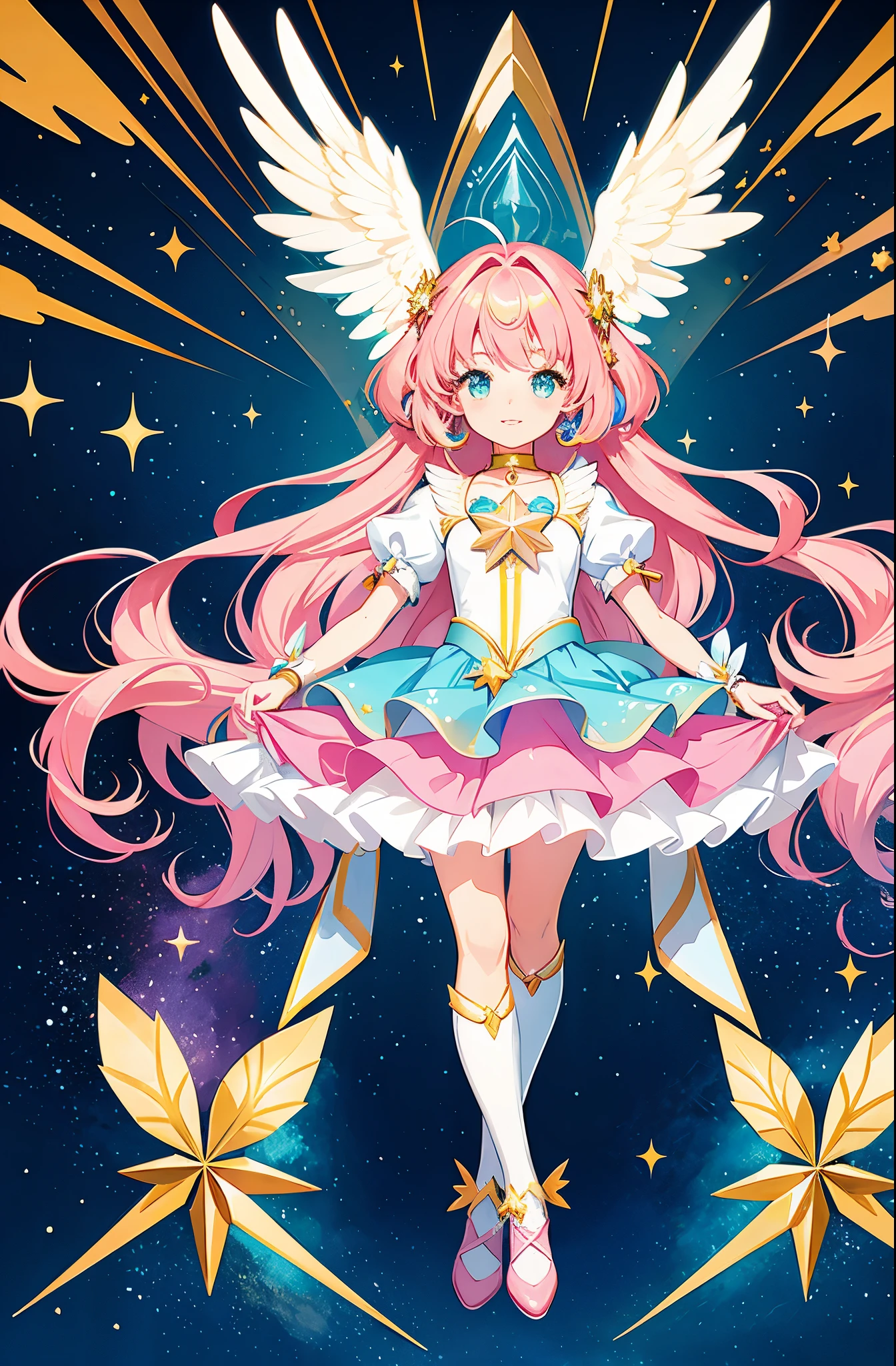 Anime star magical girl, sparkling magical girl, portrait of the magical girl, beautiful celestial mage, magical little girl, anime goddess, celestial magical girl, colorful gradient layered magical costume, (colorful), whimsical, cute, full body