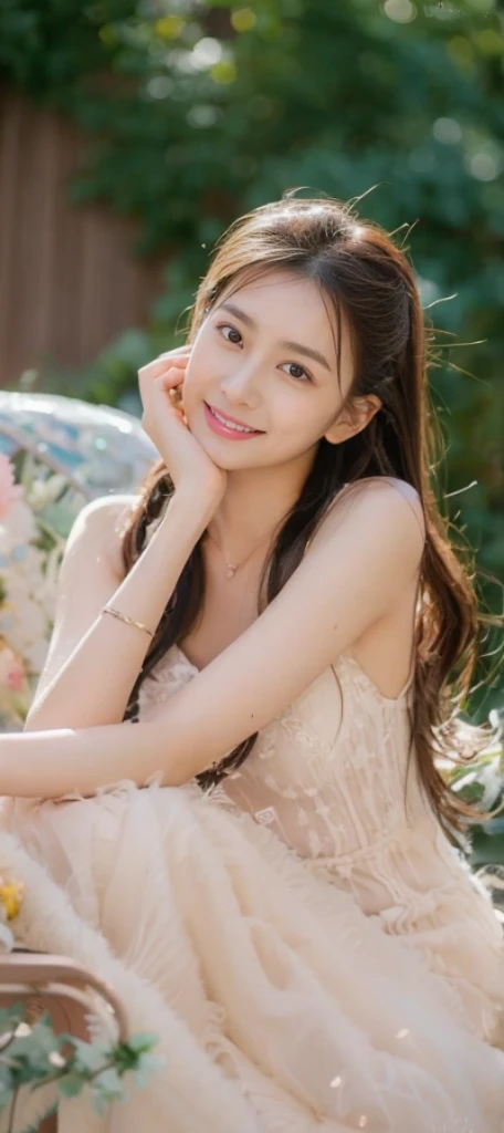 girl、beautiful and delicate light、(beautiful and delicate eyes)、可愛いgirl、small breasts、whole body、slender body、slender legs、white skin、A big smile、brown eyes、Long black-brown hair、dream、2000s (style)、Front shot、アジアのgirl、bangs、soft expression、Height 170、grace、bright smile、8k art photography、realなコンセプト アート、real、Portrait、necklace、small earrings、fantasy、jewelry、park bench、Jisoo