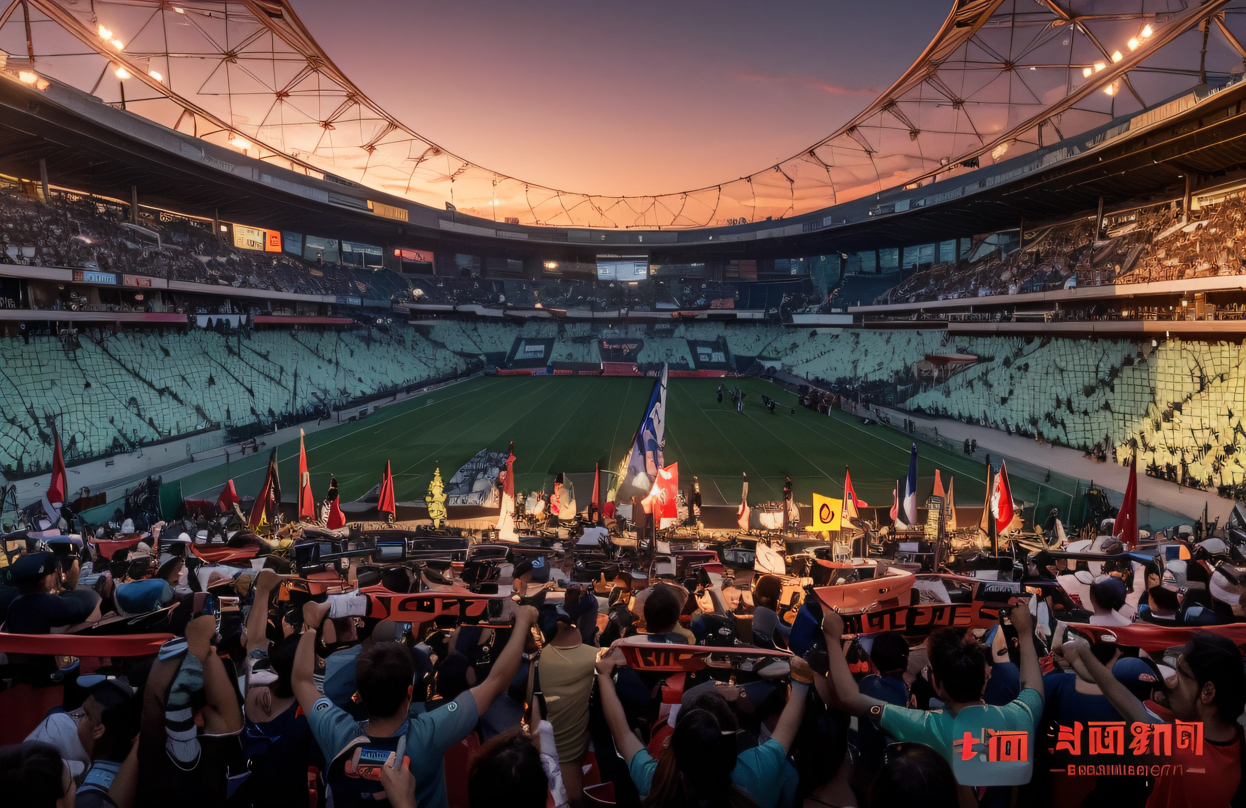 ((Best quality at best, 8K, tmasterpiece :1.3)), Focus sharp :1.2,In the middle is a rectangular green lawn football field，surrounded by cheering crowds，Twilight Hour，Dark red tones，original style，high saturated，