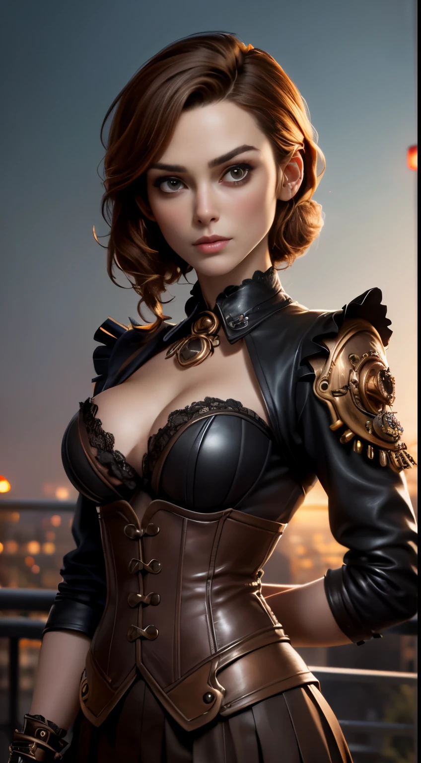 photo of Keira Knightley, RAW, beautiful woman, ((portrait)), ((detailed face:1.2)), ((detailed facial feature, detailed skin, clear skin), (perfect proportioned body, medium breasts), (wearing steampunk outfit with lace, leather corset, ornamental copper parts, portrait, pleated skirt) (high detailed steampunkcity environment, apartment balcony), (realistic photo, best quality, detailed), (8k wallpaper), (cinematic lighting, dramatic lighting) (sharp focus, intricate)